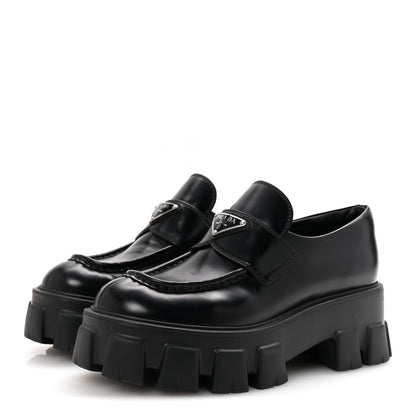 Prada Spazzolato Rois Metal Triangle Logo Monolith 55mm Loafers 38 Black 4 of 9