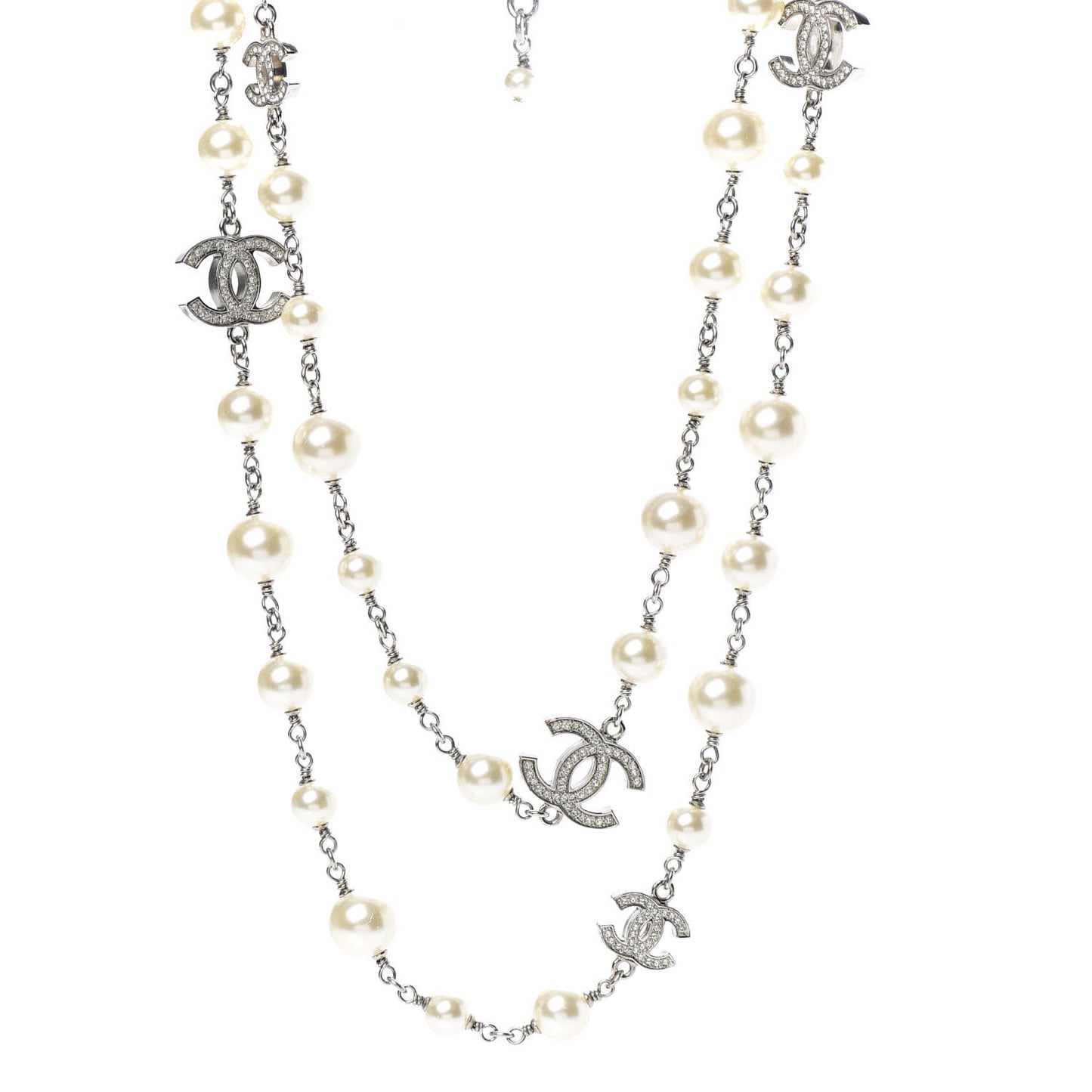 Graduated Pearl Crystal CC Long Necklace Silver