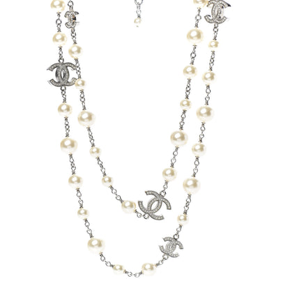 Chanel Graduated Pearl Crystal CC Long Necklace Silver 1 of 4