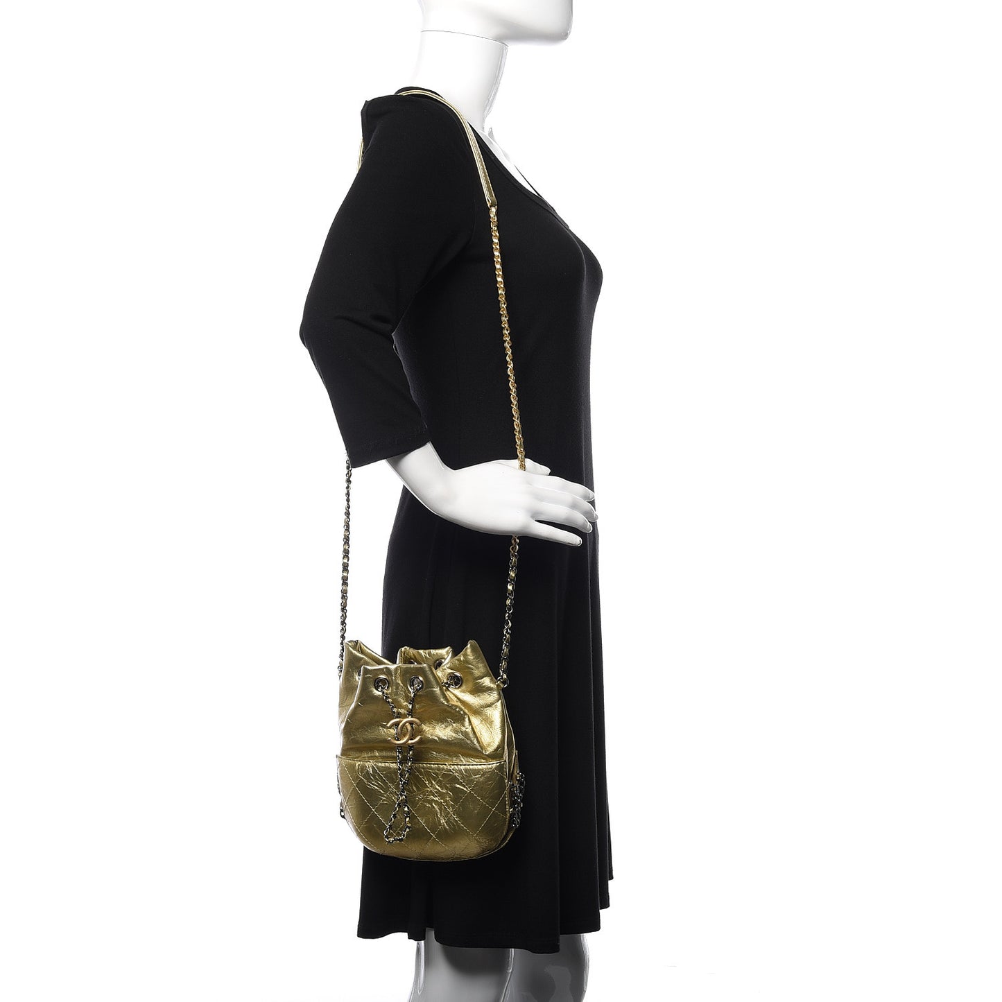 Metallic Aged Calfskin Quilted Small Gabrielle Bucket Gold