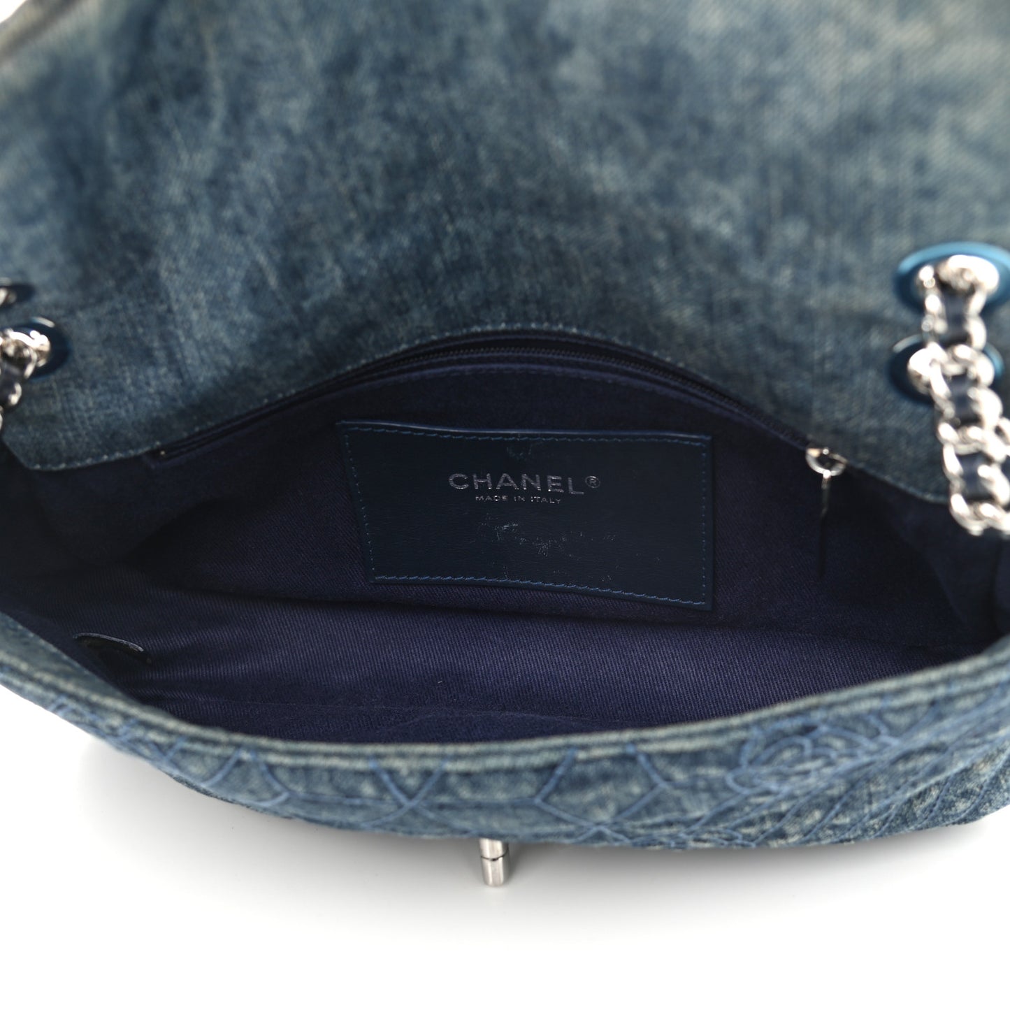 Denim Quilted Camellia Embroidered Medium Flap Blue