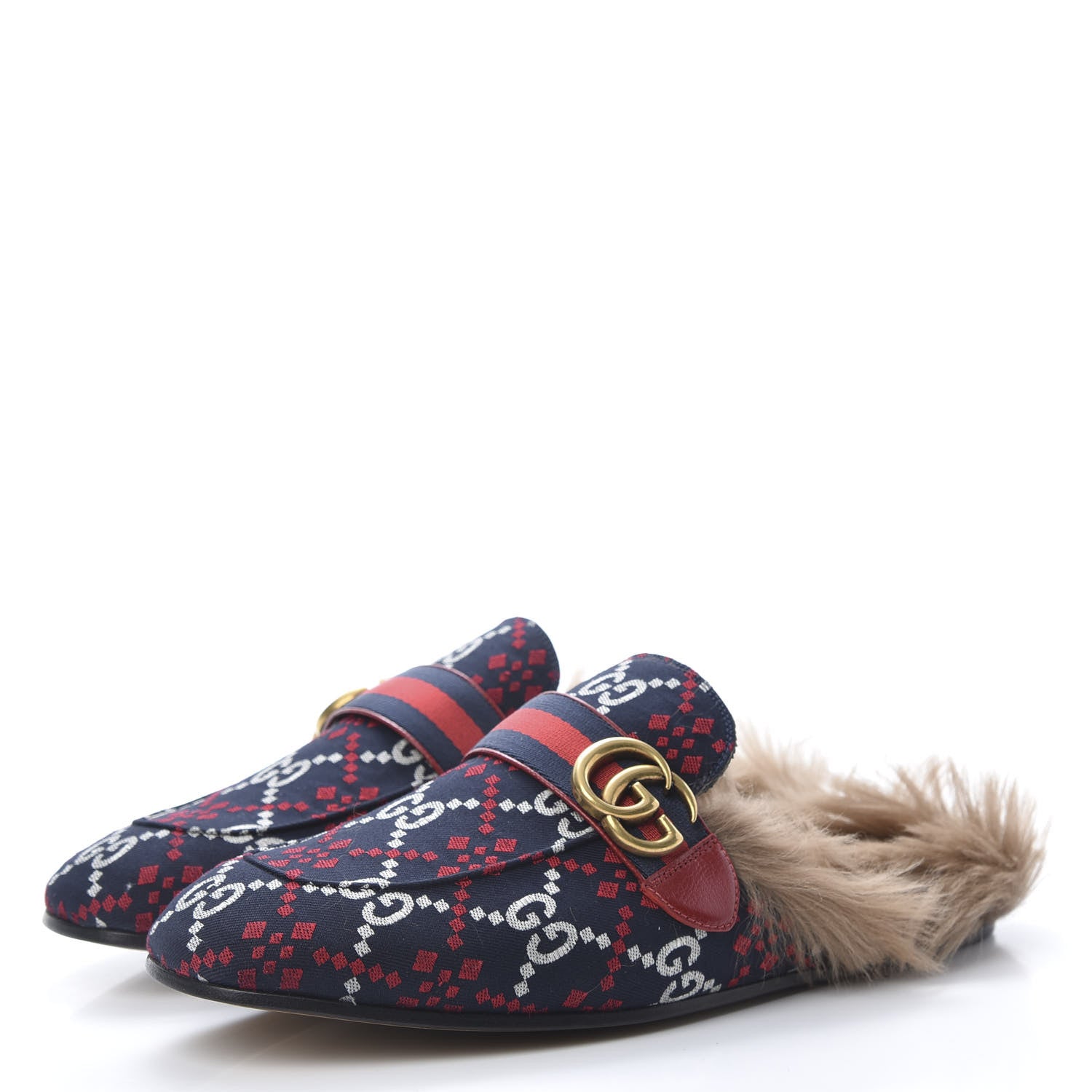 Gucci Canvas GG Monogram Diamond Fur Web GG Mens Princetown Slippers 8.5 Midnight Blue Hibiscus Red 3 of 8