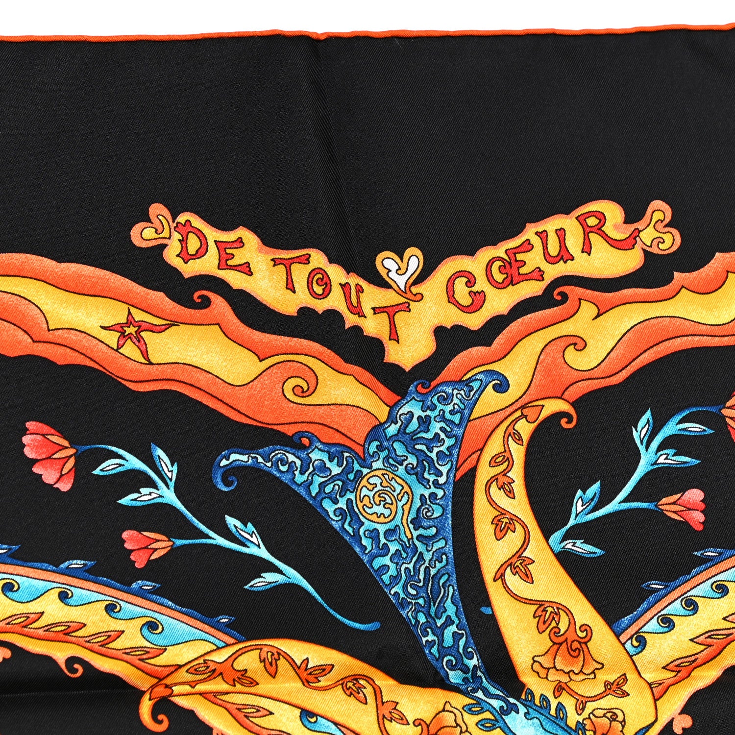 Hermes Silk De Tout Coeur Scarf 90 Black Orange Vif Turquoise 2 of 6
