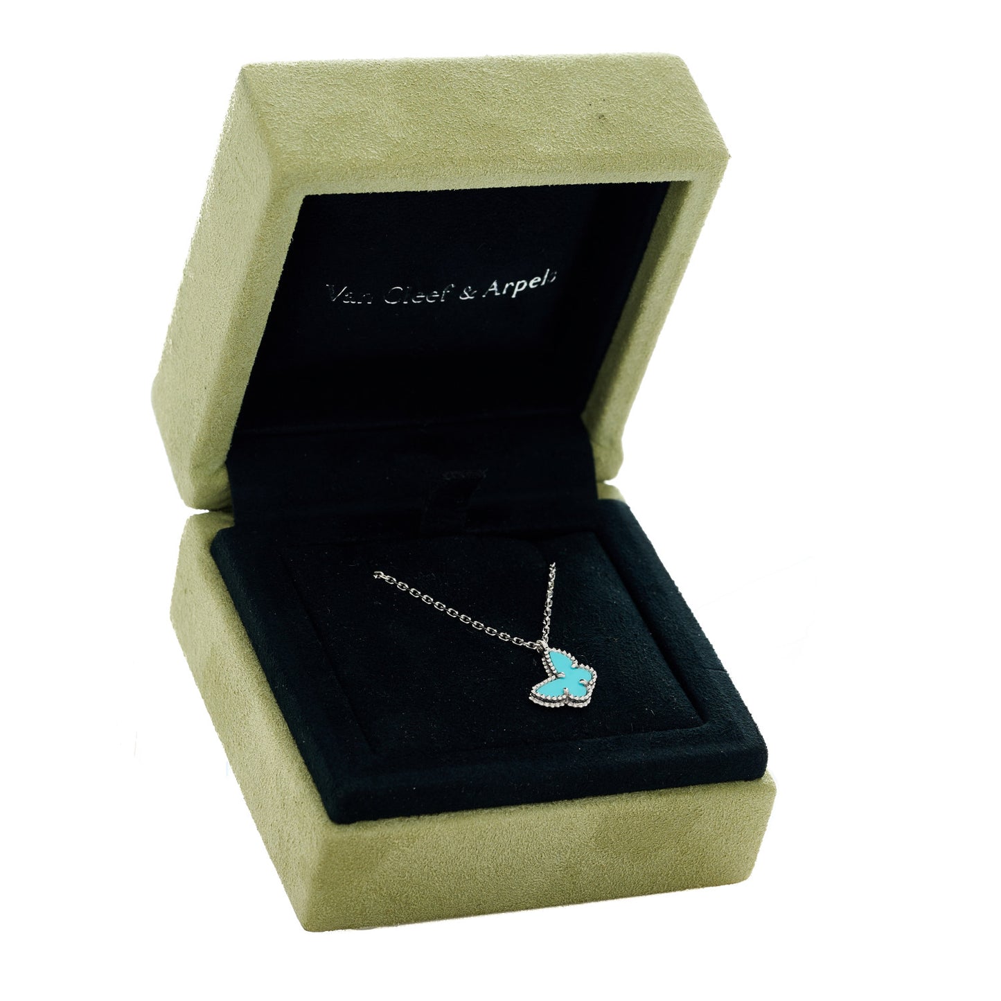 18K White Gold Turquoise Sweet Alhambra Butterfly Pendant Necklace