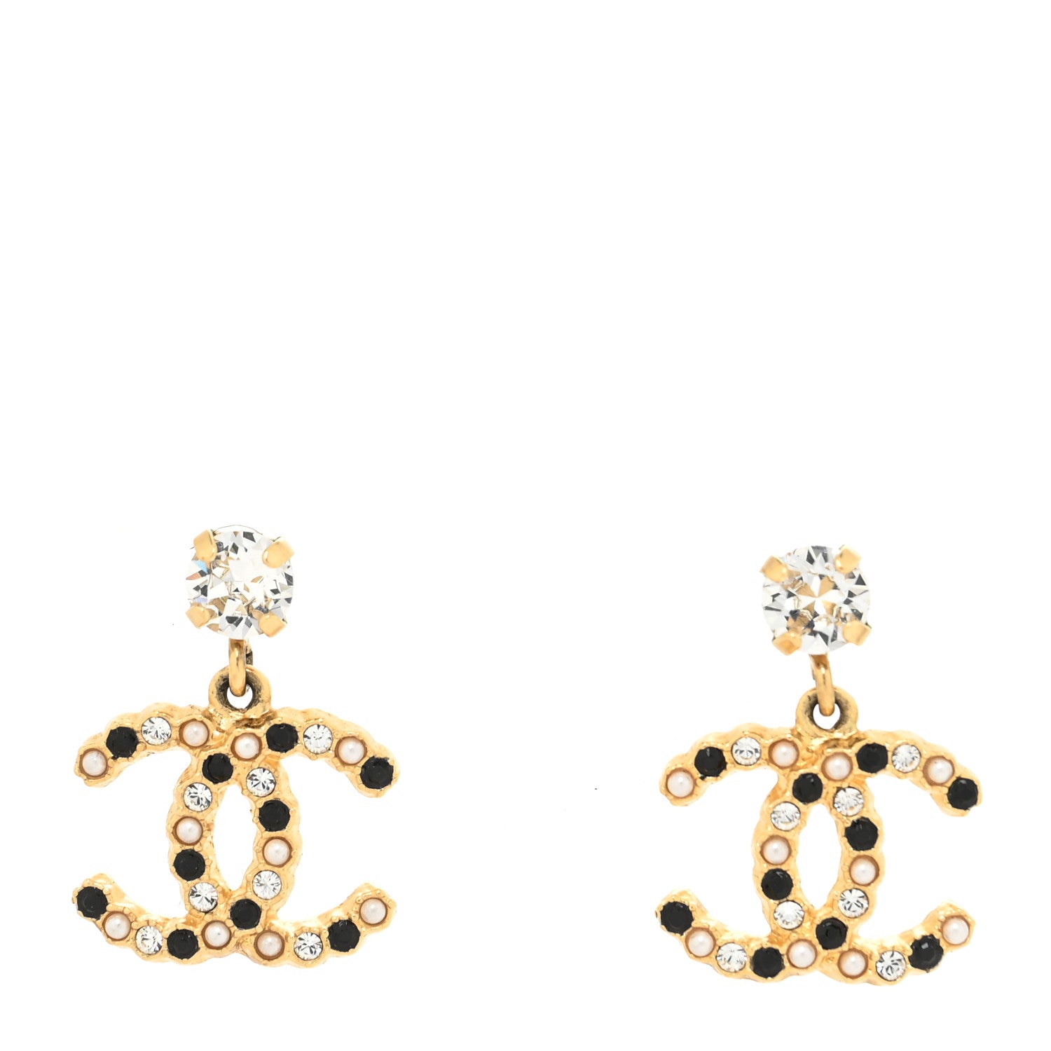 Chanel Resin Crystal Pearl CC Drop Earrings Gold Black 1 of 4