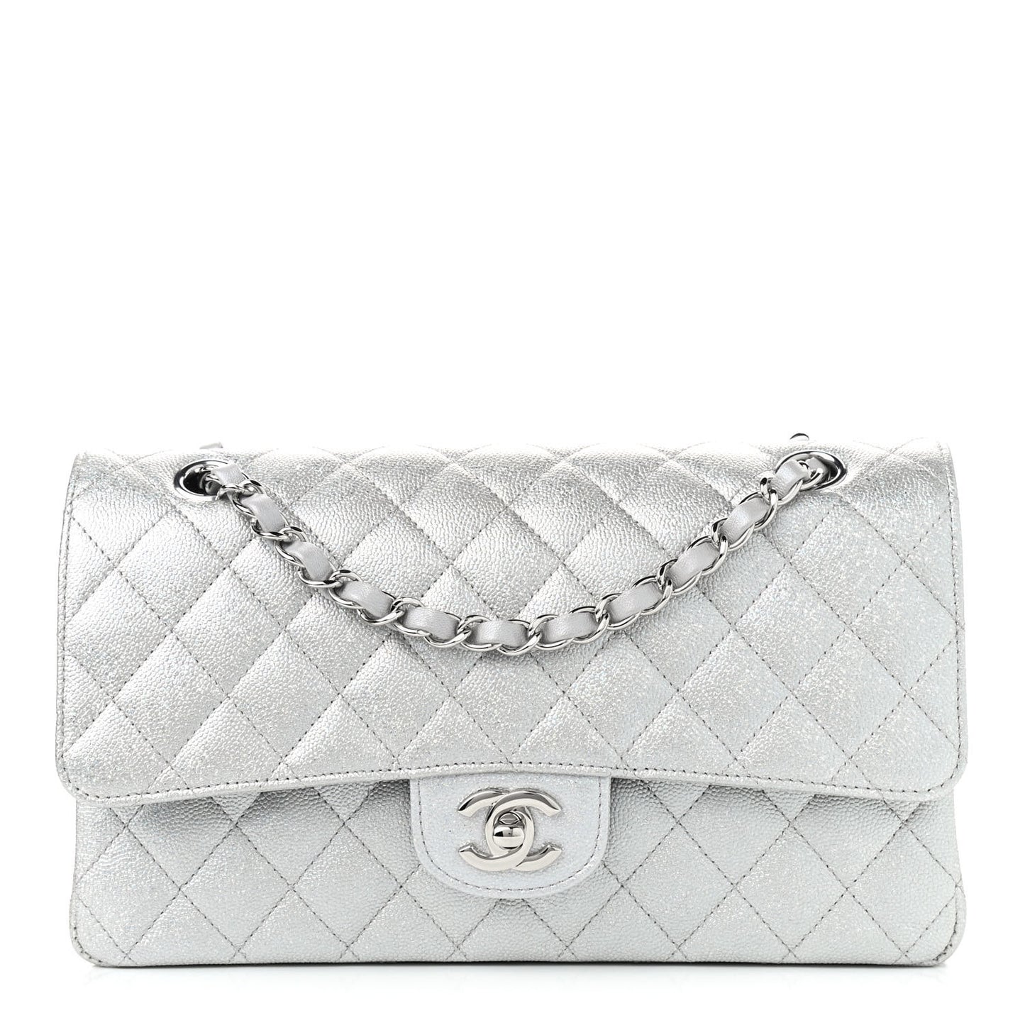 Glittered Metallic Caviar Quilted Medium Double Flap Silver