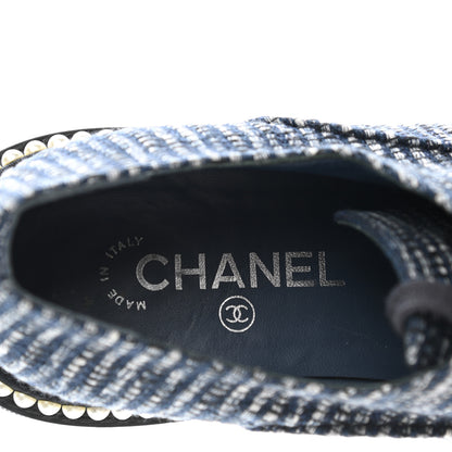 Chanel Denim Grosgrain Camellia Pearl Lace Up Sneakers 37.5 Blue Black 7 of 9