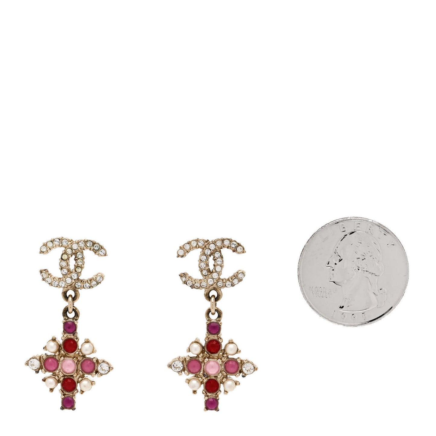 Gripoix Crystal Pearl CC Drop Earrings Gold Pink Multicolor