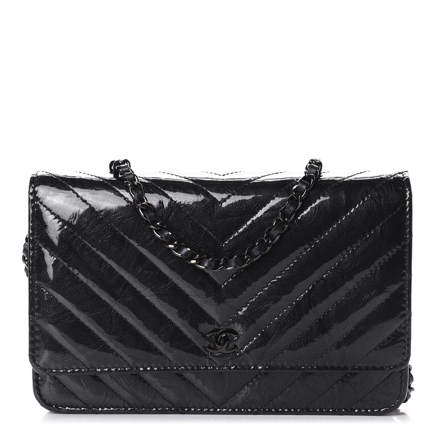 Patent Metallic Crumpled Calfskin Chevron Quilted Wallet On Chain WOC Black