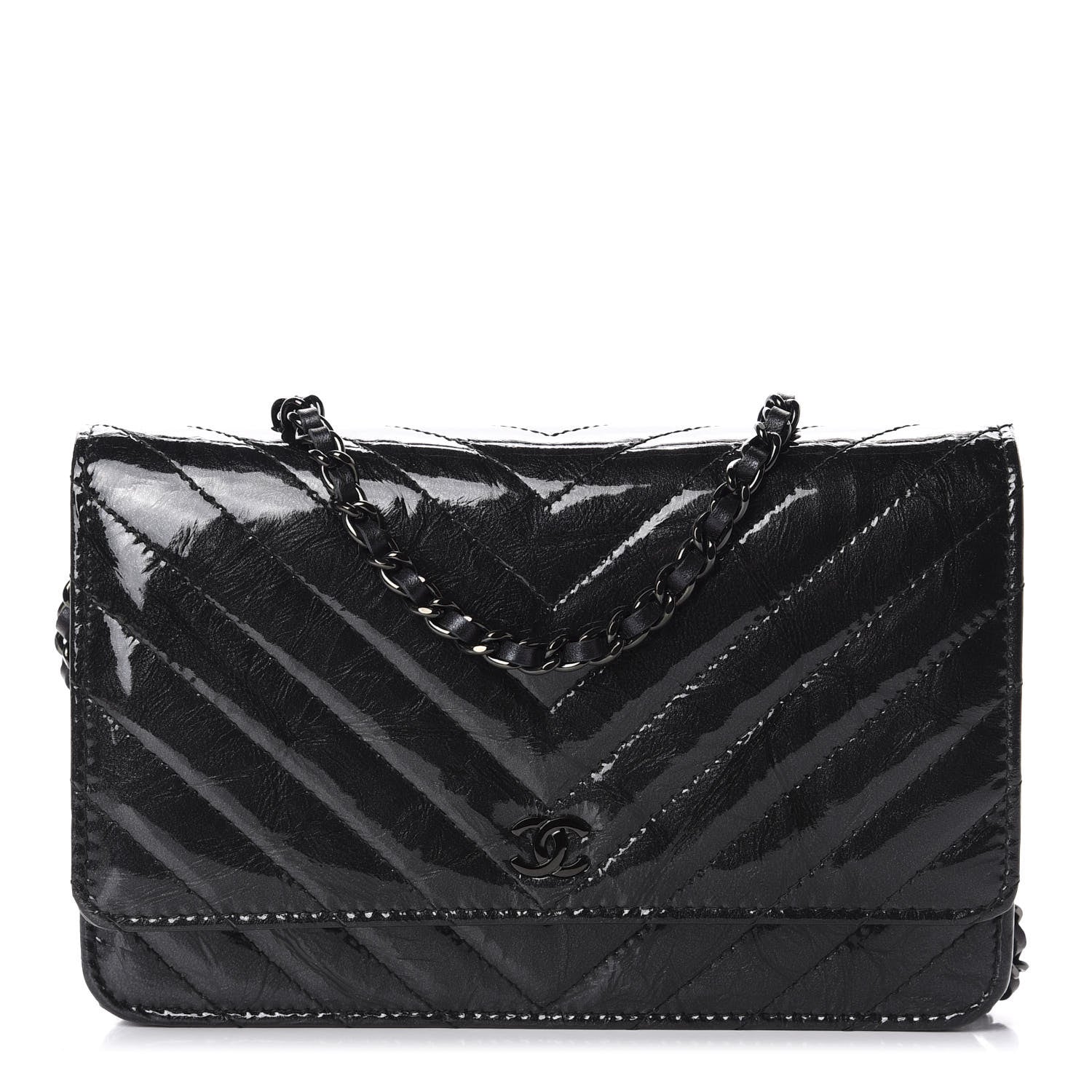 Chanel Patent Metallic Crumpled Calfskin Chevron Quilted Wallet On Chain WOC Black 1 of 12