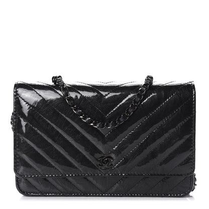 Chanel Patent Metallic Crumpled Calfskin Chevron Quilted Wallet On Chain WOC Black 1 of 12