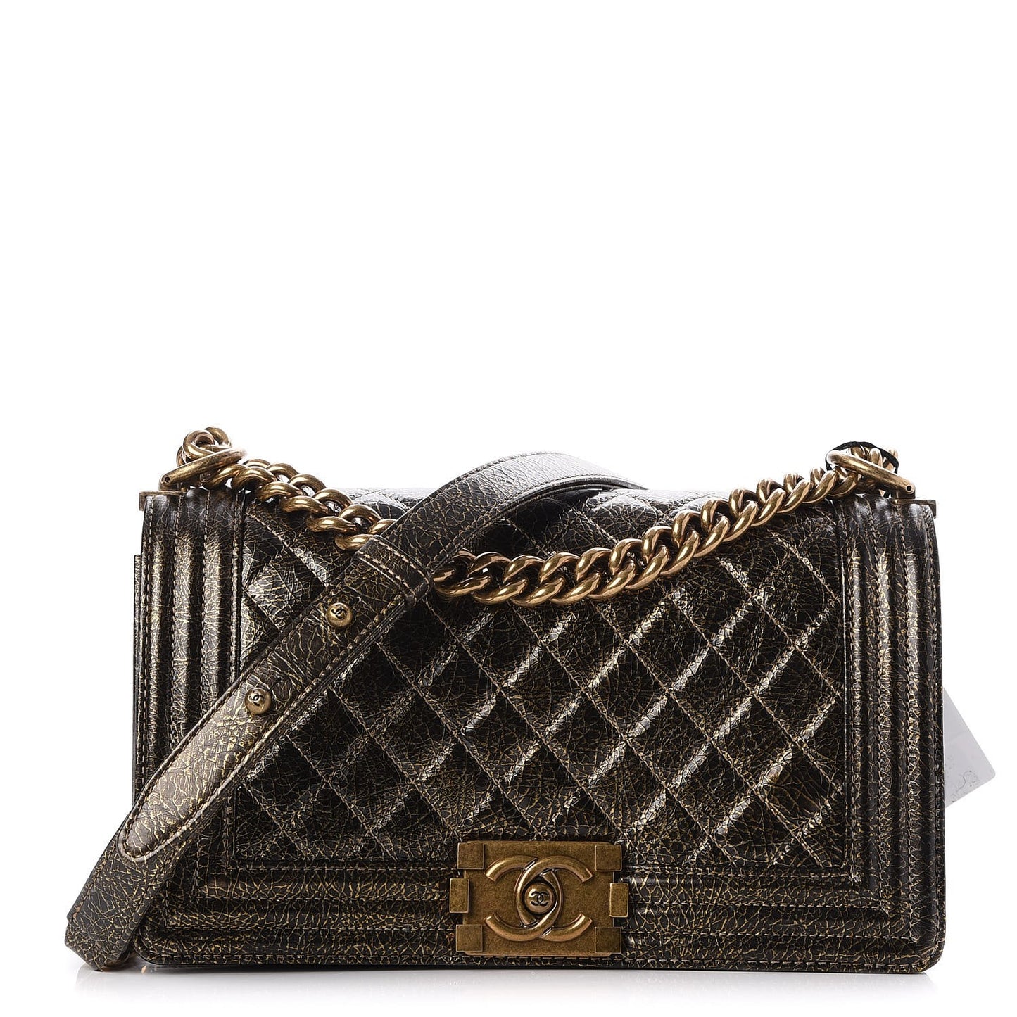 Cracked Metallic Calfskin Quilted Medium Boy Flap Gold