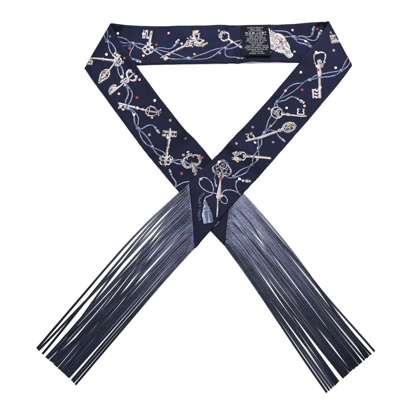 Silk Calfskin Les Cles A Pois Fringed Twilly Bleu Marine Gris Argent Multicolor