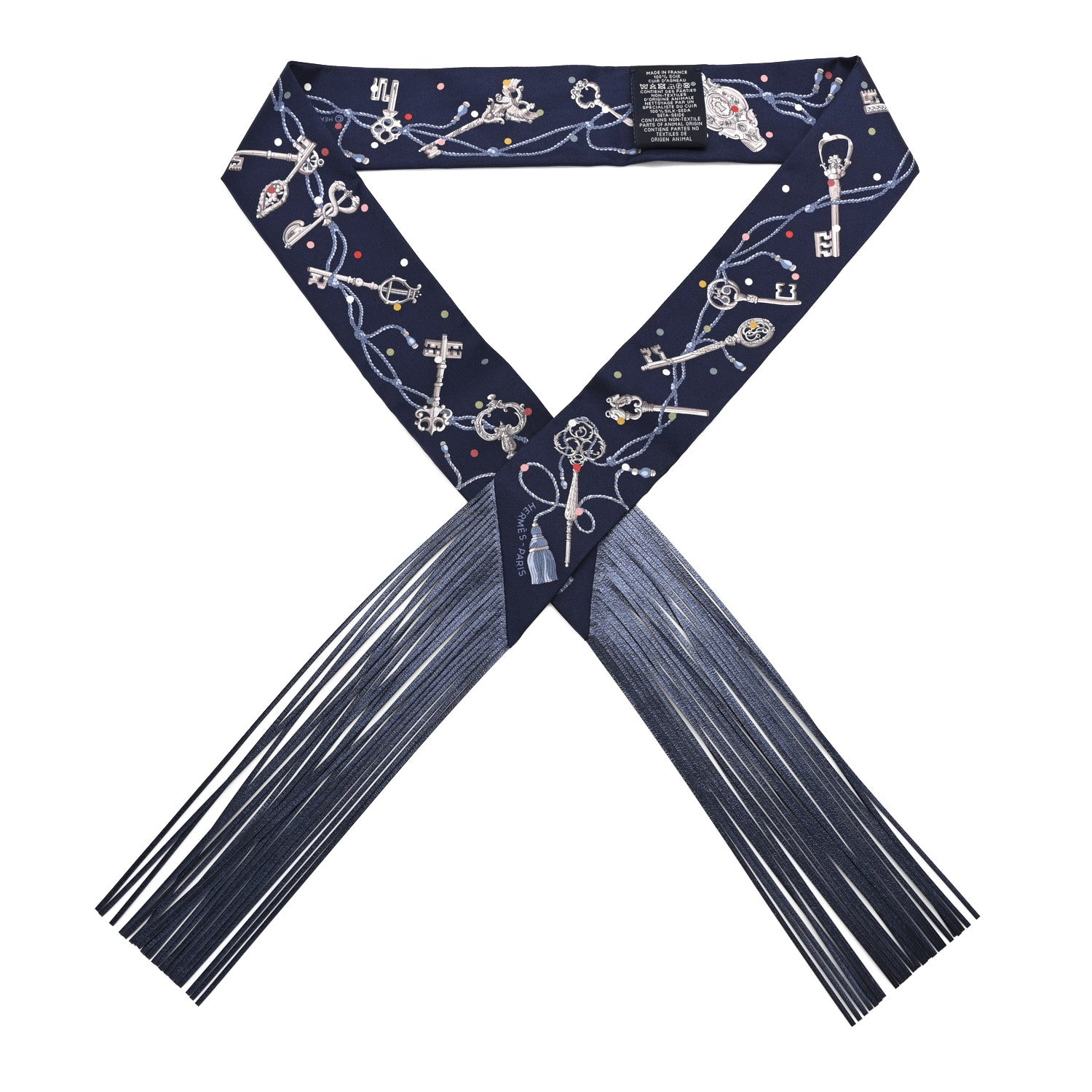 Hermes Silk Calfskin Les Cles A Pois Fringed Twilly Bleu Marine Gris Argent Multicolor 1 of 4