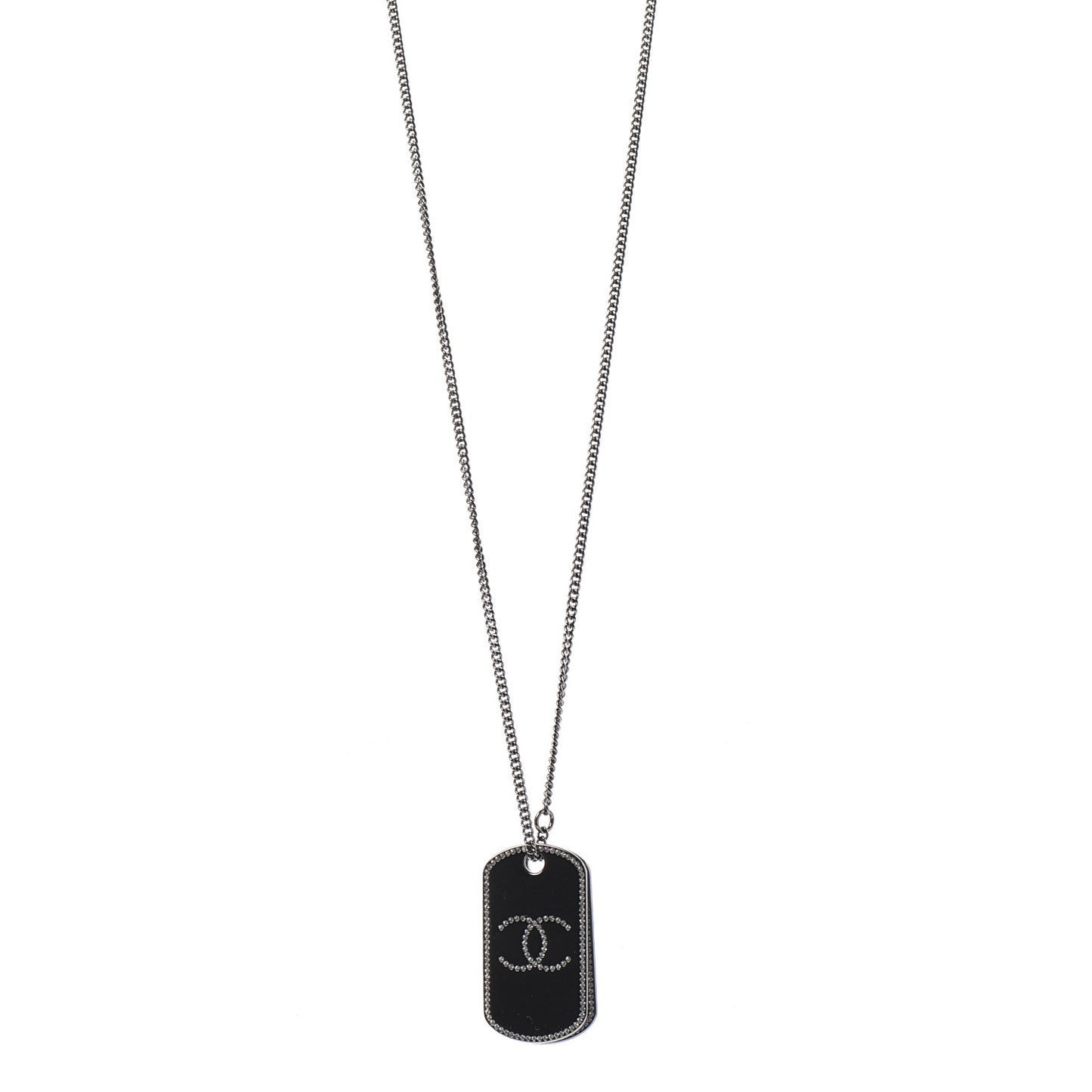 Metal Crystal Ruthenium Dog Tag Charm Necklace Silver