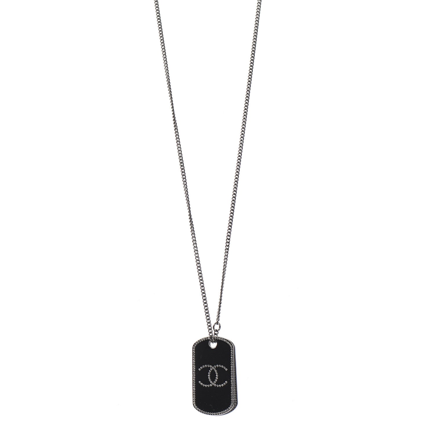 Chanel Metal Crystal Ruthenium Dog Tag Charm Necklace Silver 4 of 5