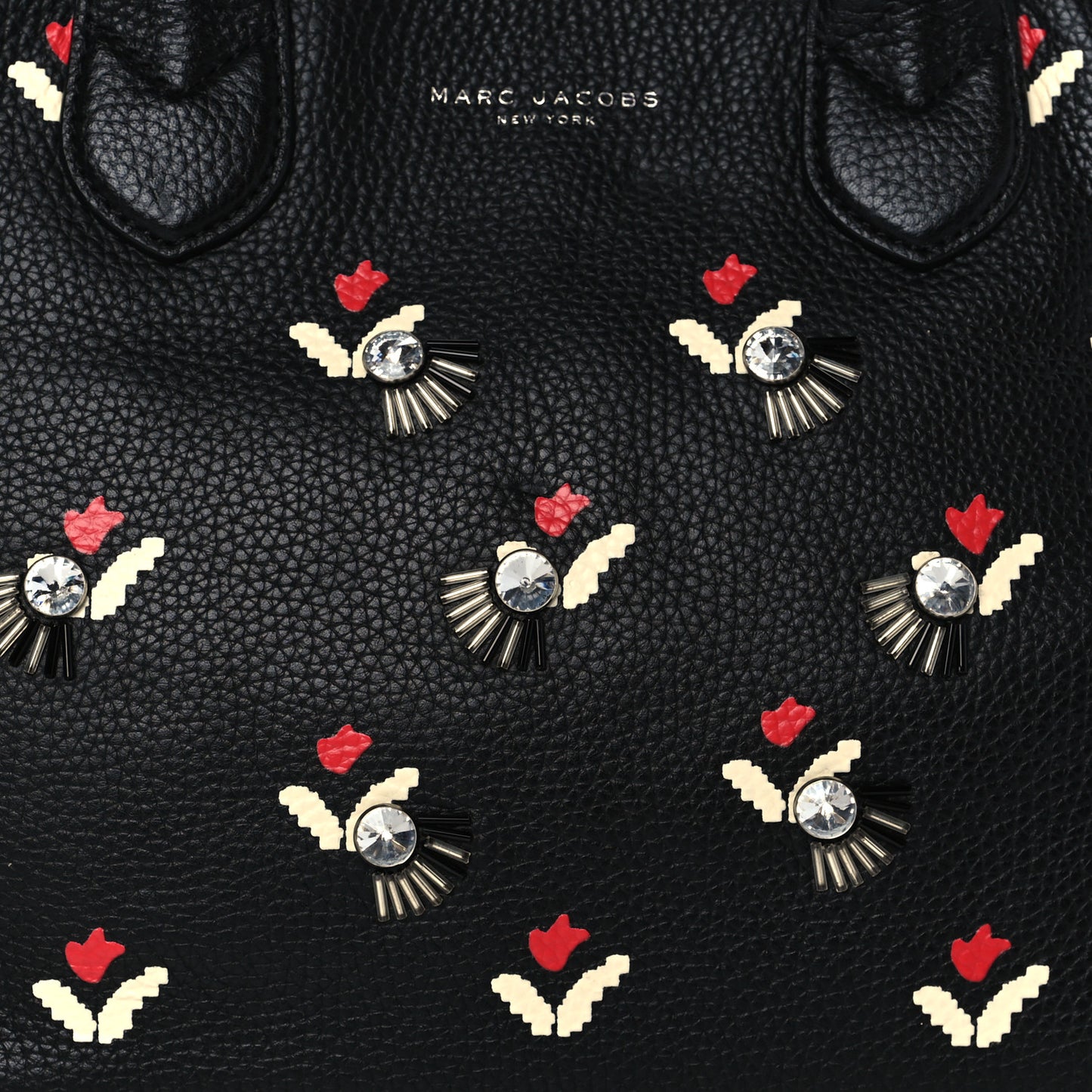 Grained Calfskin Embellished Tulip Print Tote Black Multicolor