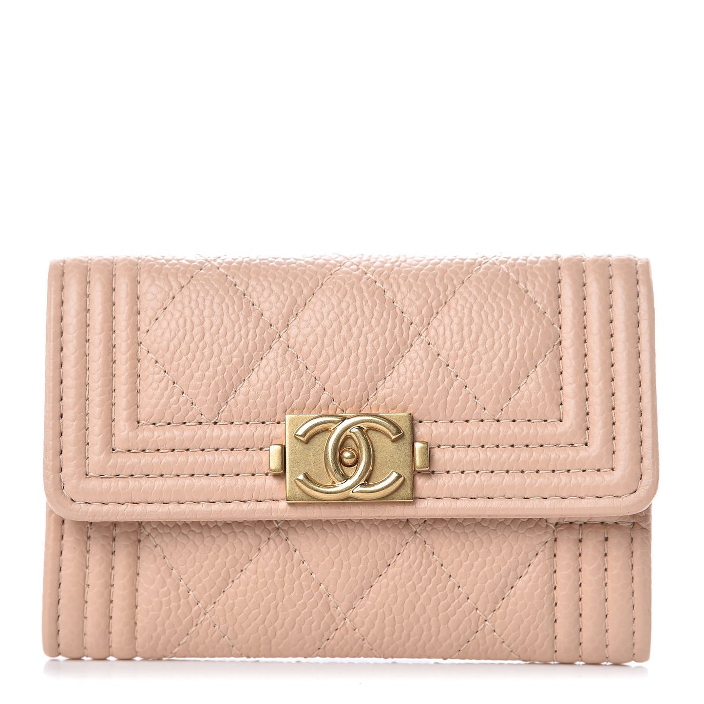 Caviar Quilted Boy Card Holder Wallet Beige Clair