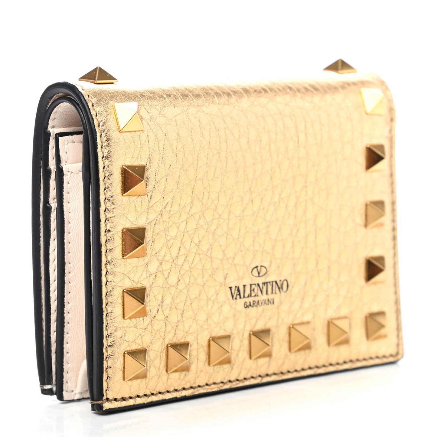 Metallic Pebbled Calfskin Rockstud French Flap Wallet Antique Brass