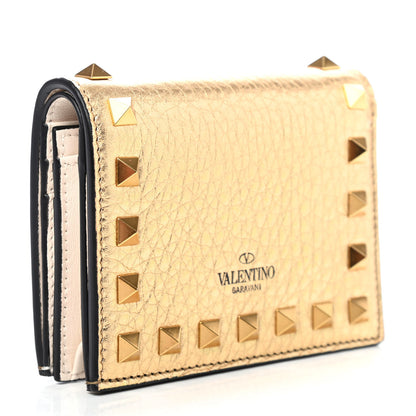 Valentino Garavani Metallic Pebbled Calfskin Rockstud French Flap Wallet Antique Brass 2 of 4