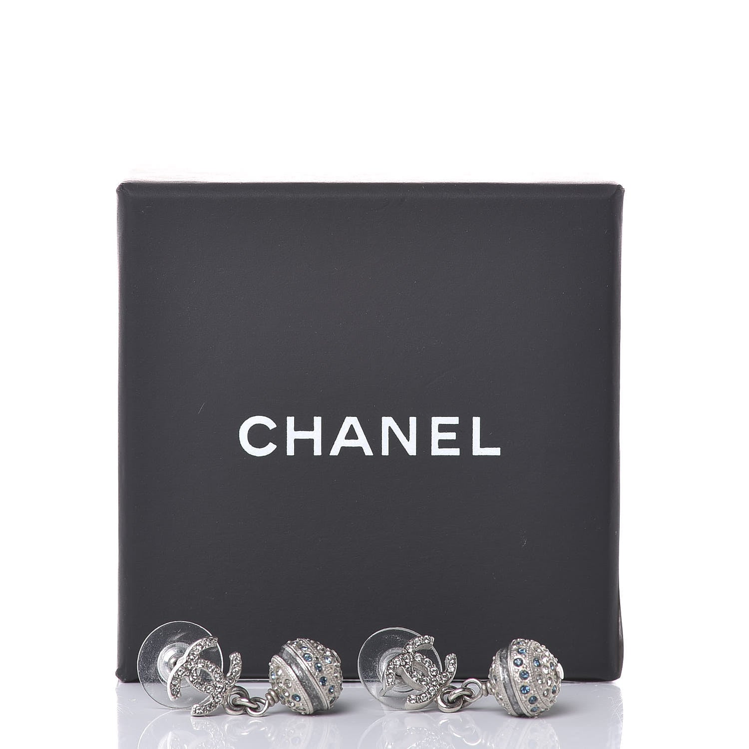 Chanel Crystal CC Drop Earrings Blue Silver 5 of 5