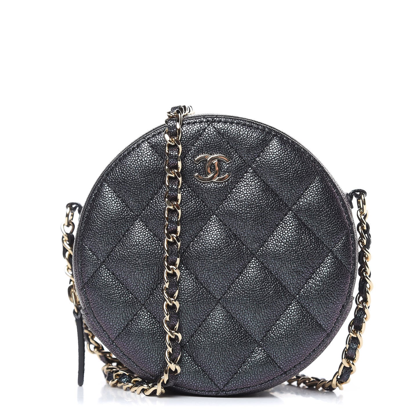 Iridescent Caviar Quilted Round Clutch With Chain Black