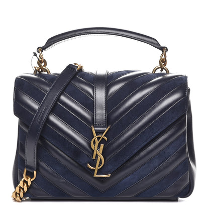 Saint Laurent Calfskin Suede Matelasse Chevron Monogram Medium College Bag Marine 1 of 7