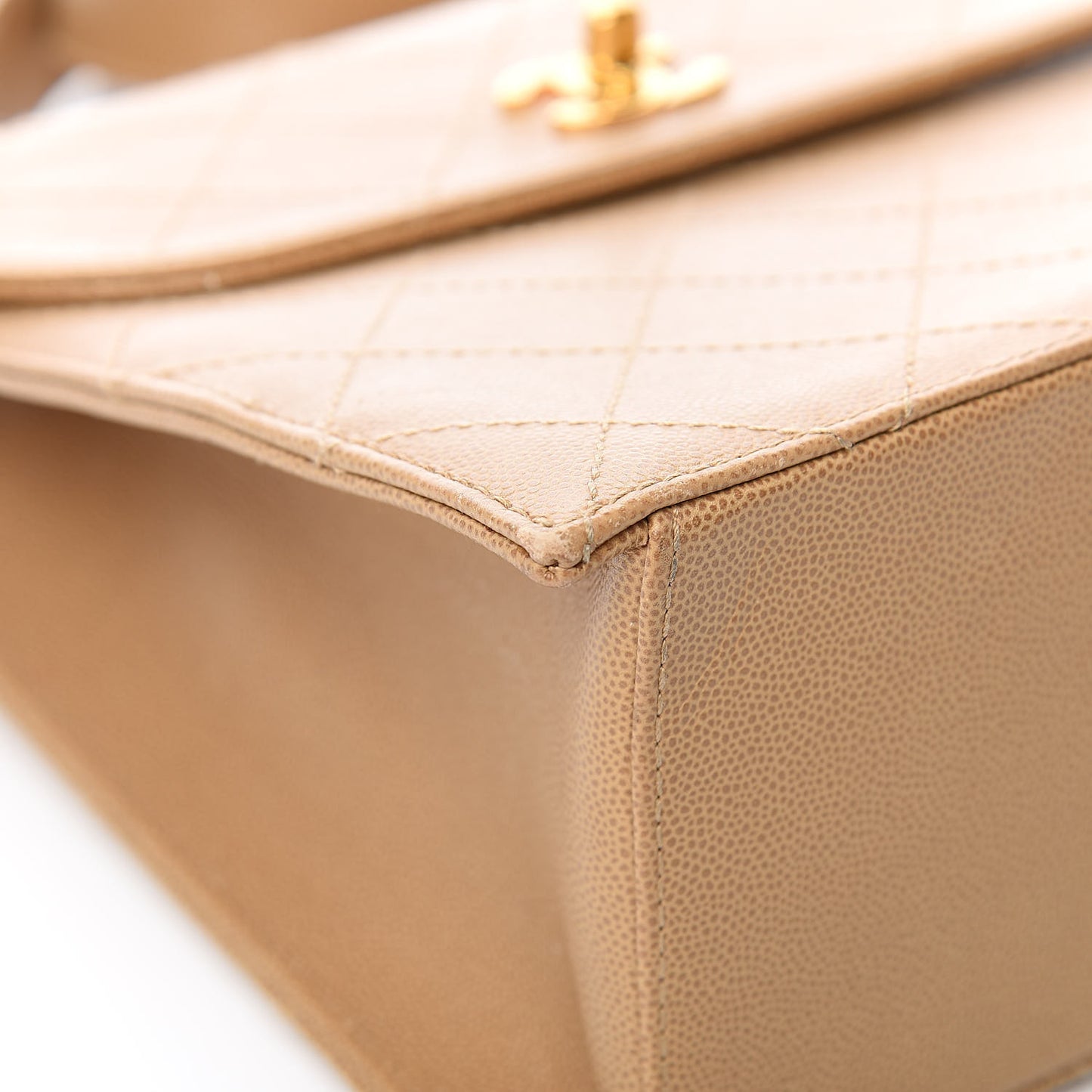 Caviar Stitched Flap Shoulder Bag Beige
