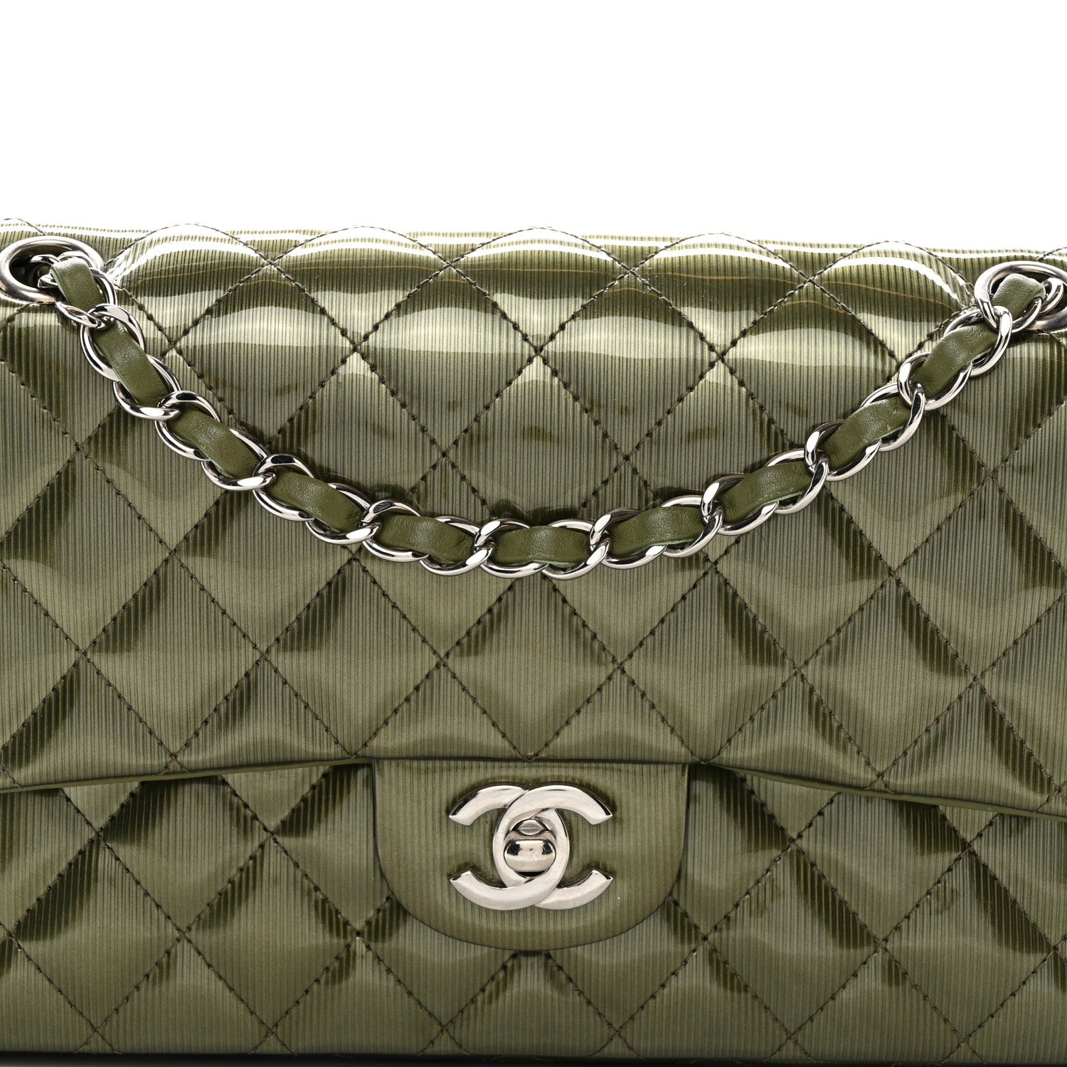 Chanel Striated Patent Quilted Medium Double Flap Green 8 of 11