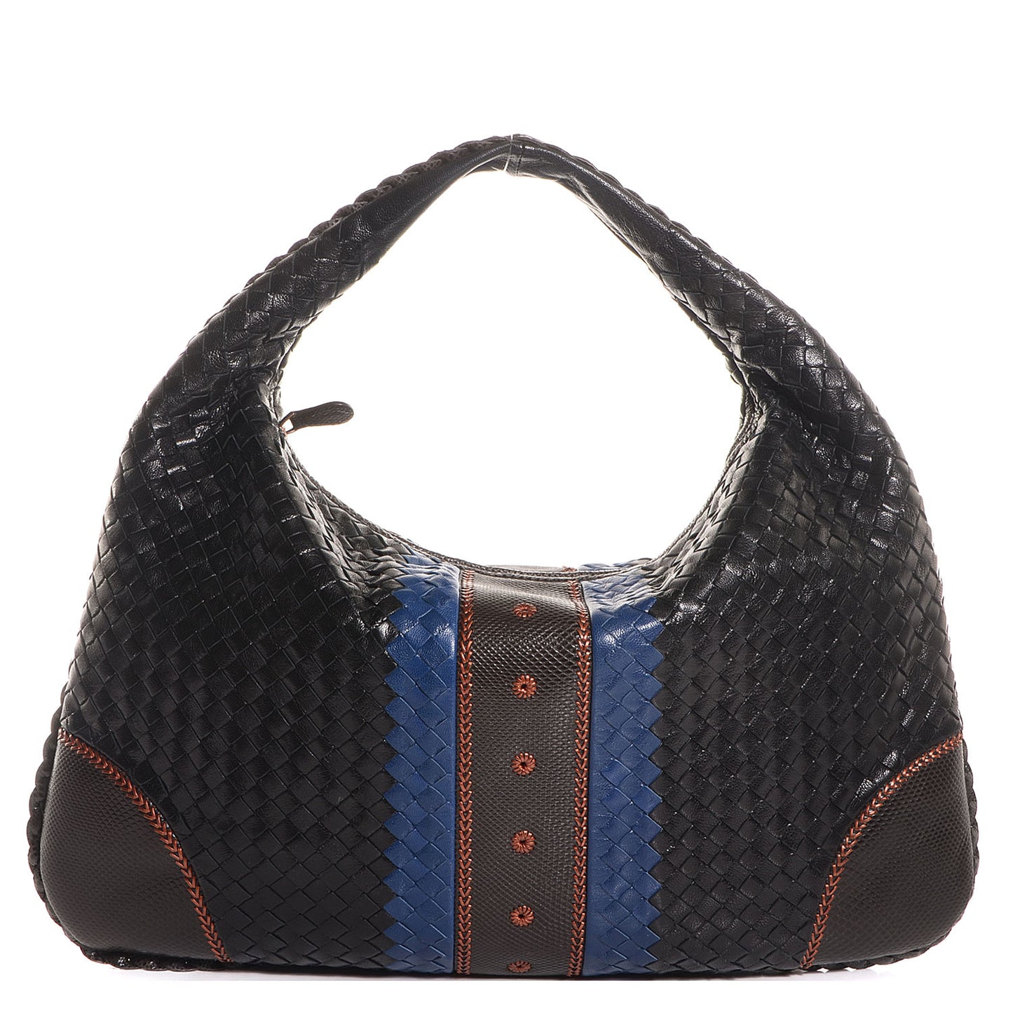 Shiny Goatskin Intrecciato Karung Large Veneta Hobo Cobalt Nero