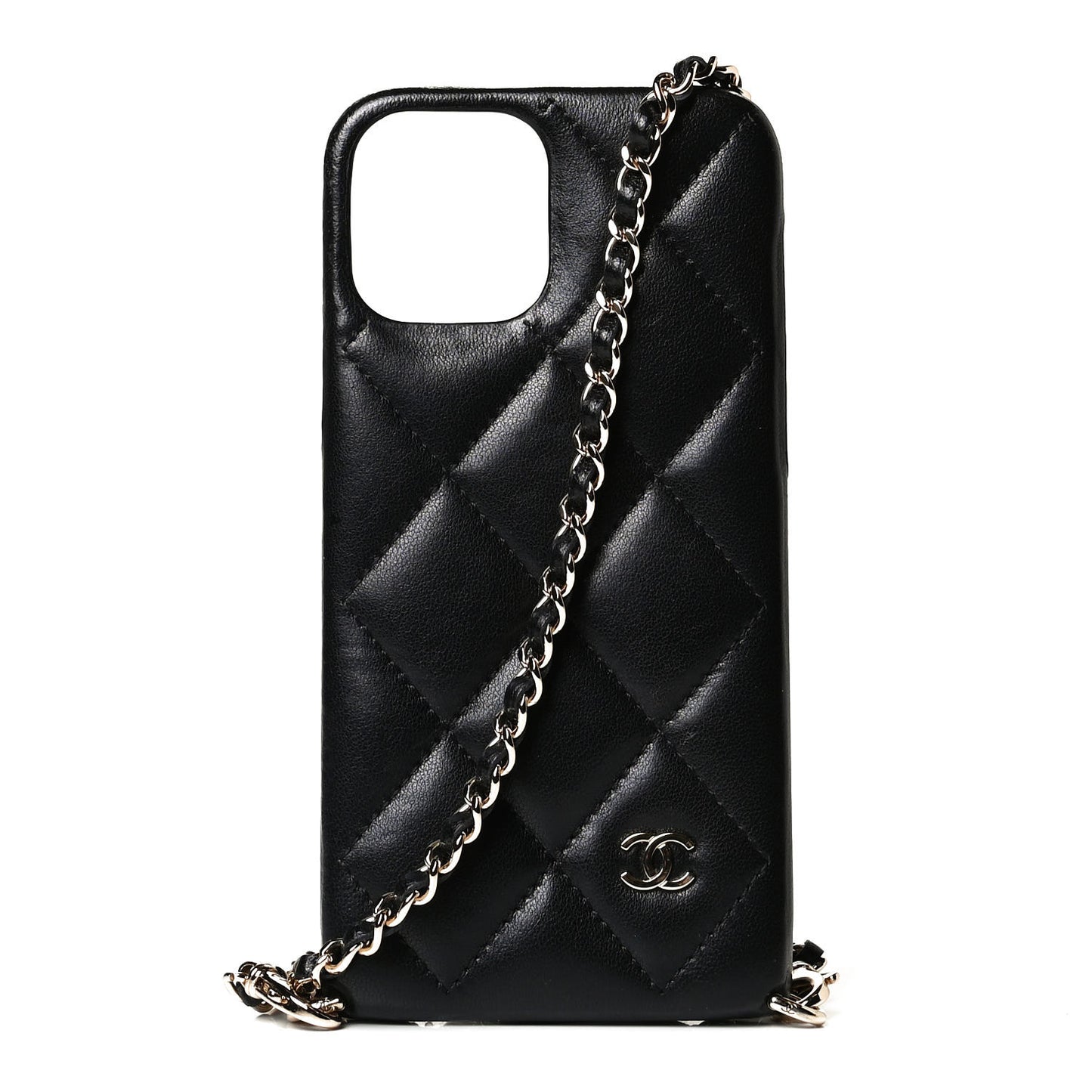 Lambskin Quilted Camellia Bow iPhone XII Pro Holder With Chain Black