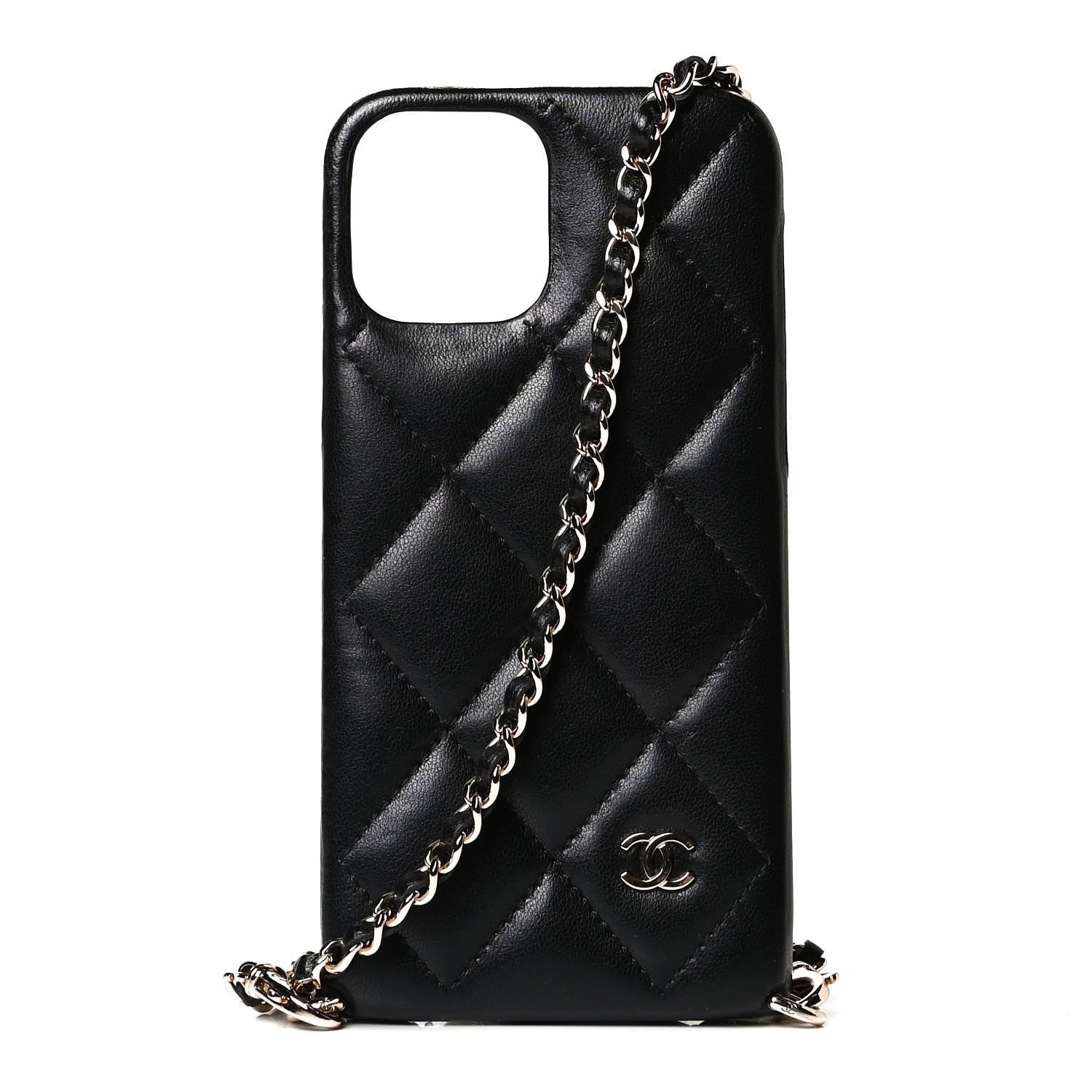 Chanel Lambskin Quilted Camellia Bow iPhone XII Pro Holder With Chain Black 1 of 7