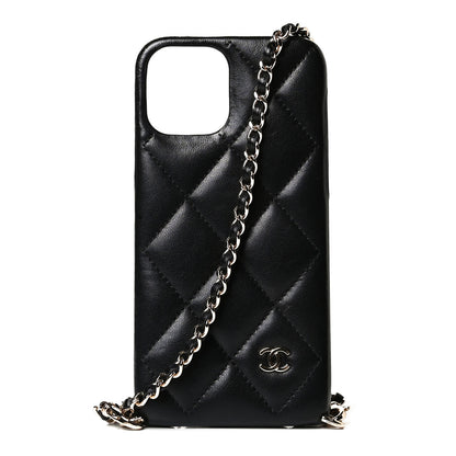 Chanel Lambskin Quilted Camellia Bow iPhone XII Pro Holder With Chain Black 1 of 7