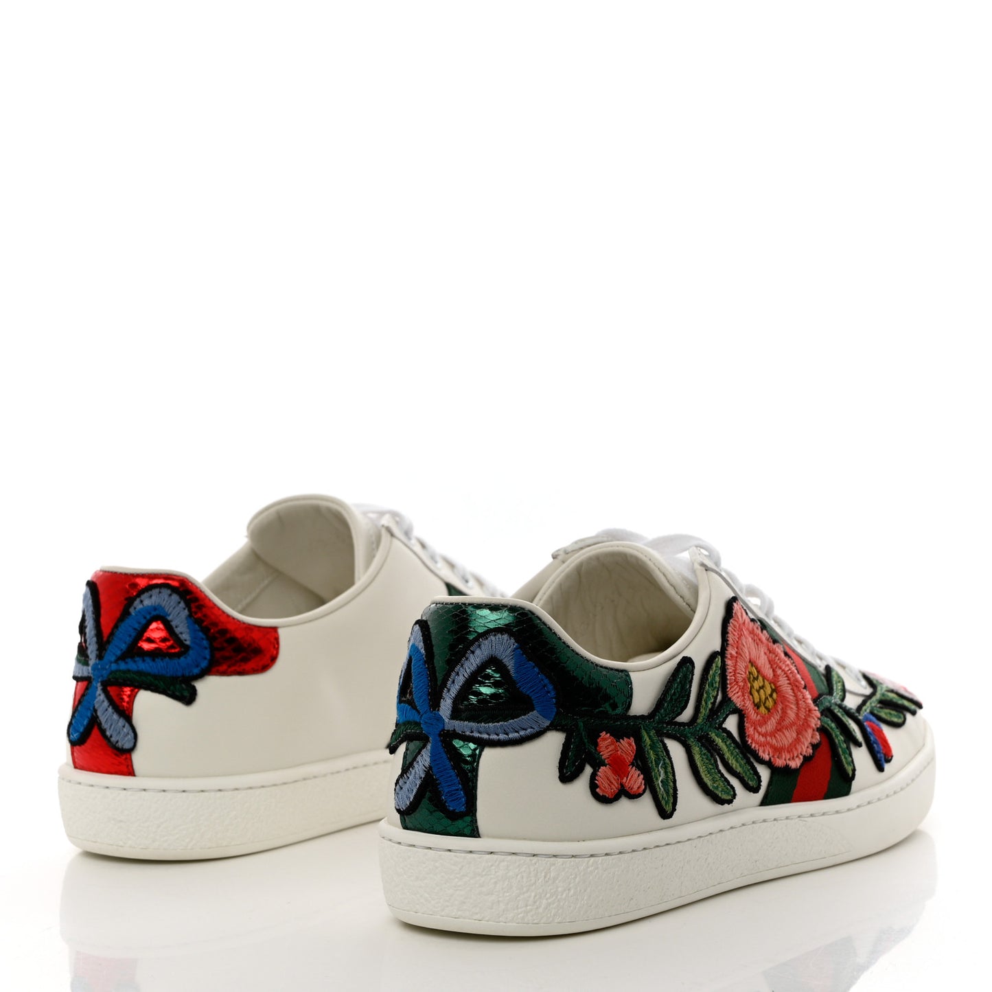 Calfskin Web Floral Embroidered Womens Ace Sneakers 37.5 White