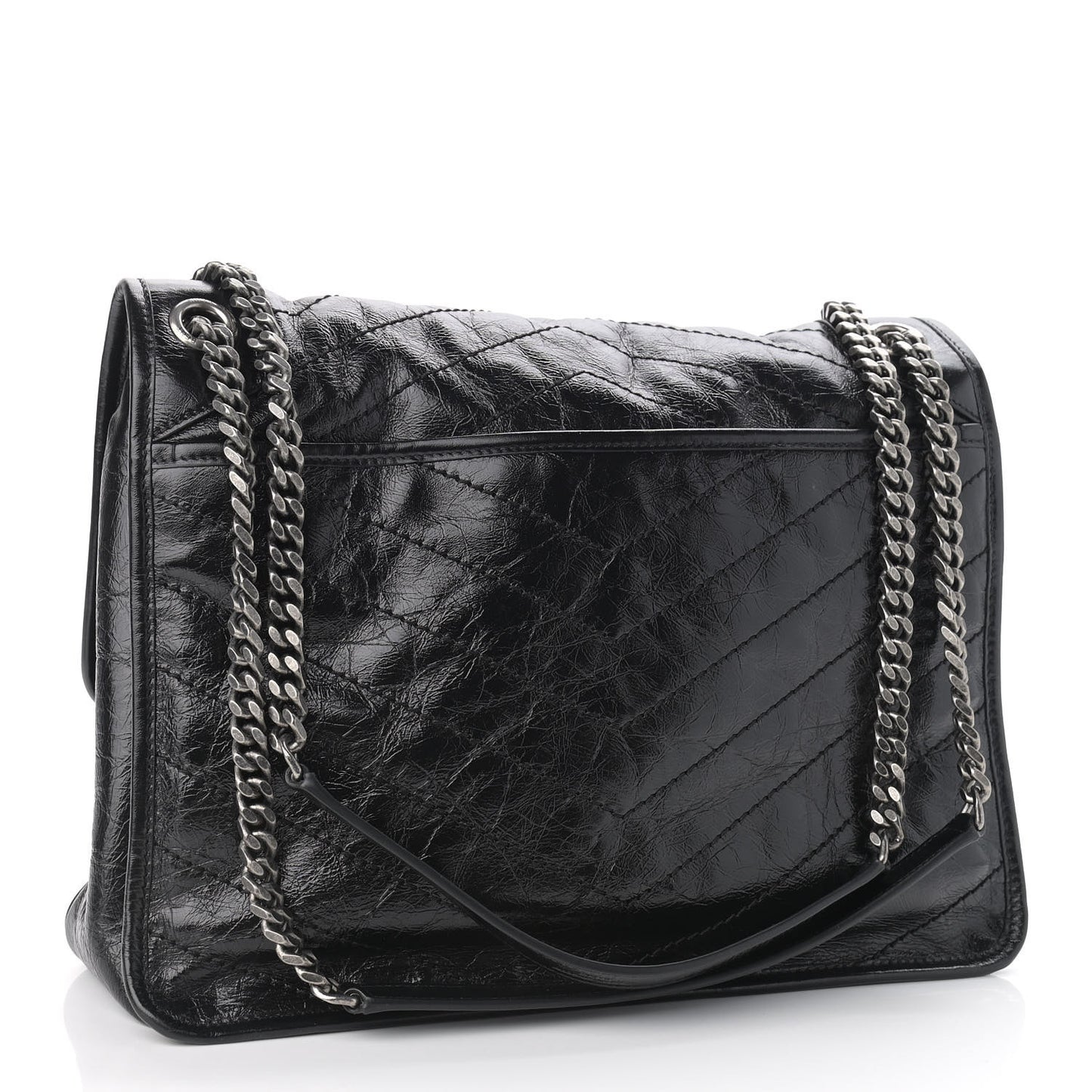 Crinkled Calfskin Matelasse Monogram Large Niki Chain Satchel Black