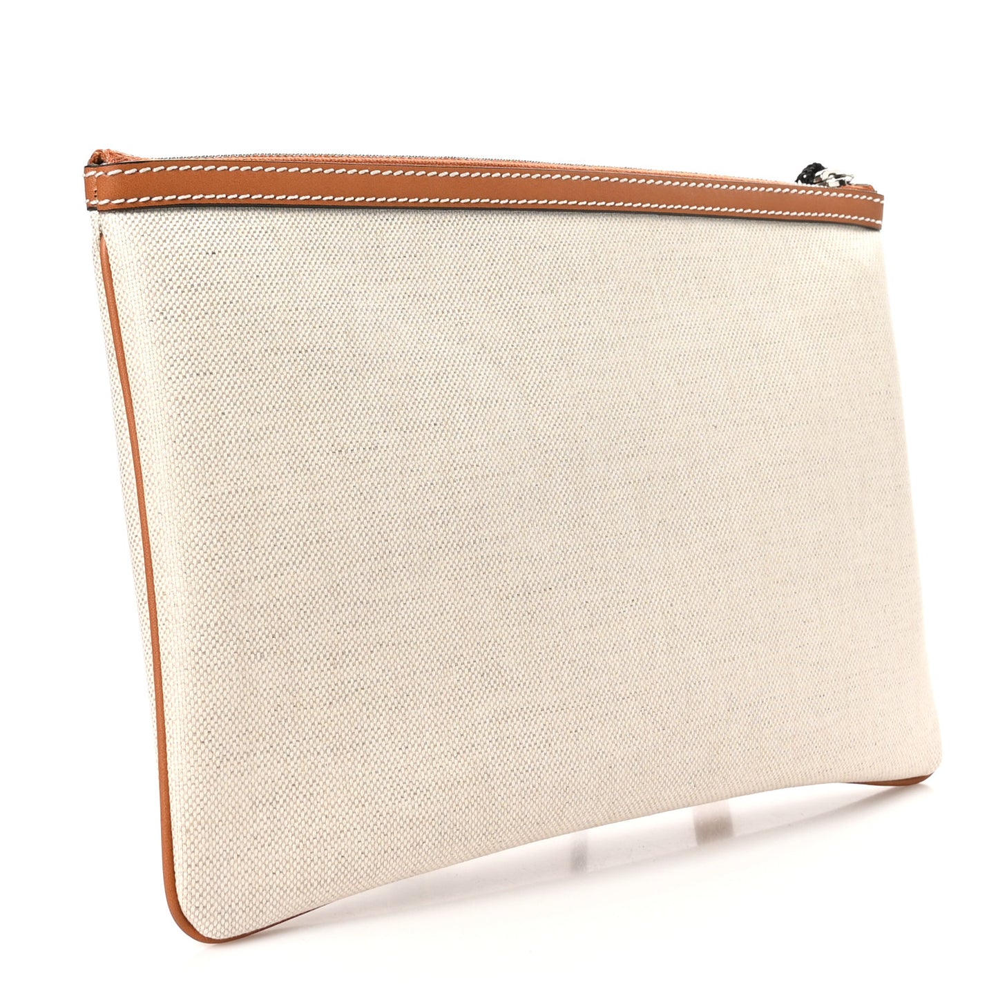 Canvas Calfskin Logo Print Zip Wristlet Pouch Beige Brown