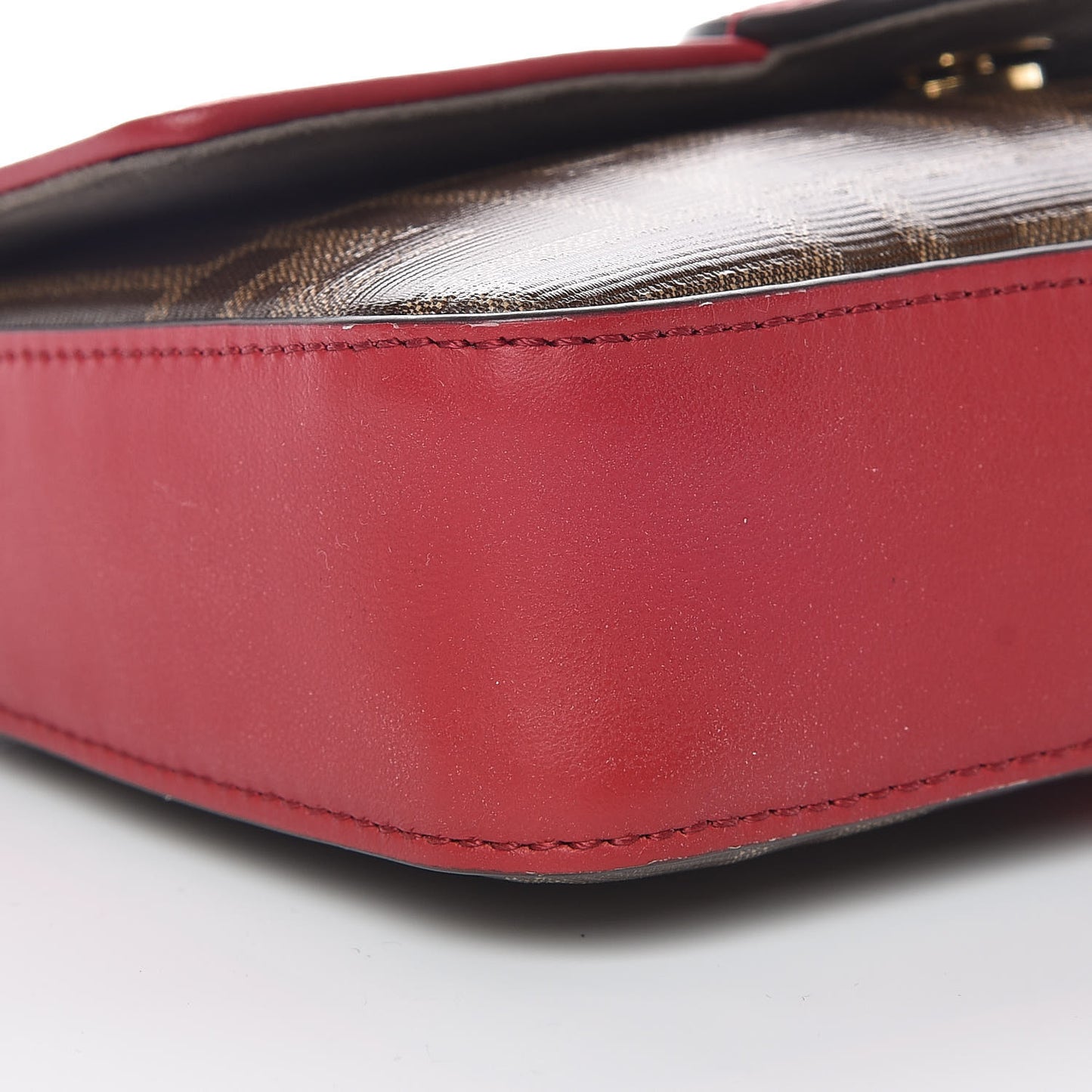 Glazed Fabric Vitello Century FF 1974 Stamp Patch Mini Double F Crossbody Bag Mogano Panna Fragola