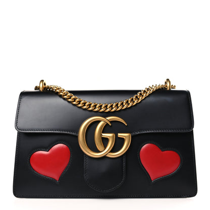 Gucci Knight Calfskin Malaga Kid Heart Medium GG Marmont Chain Handle Bag Black Hibiscus Red Multicolor 1 of 9