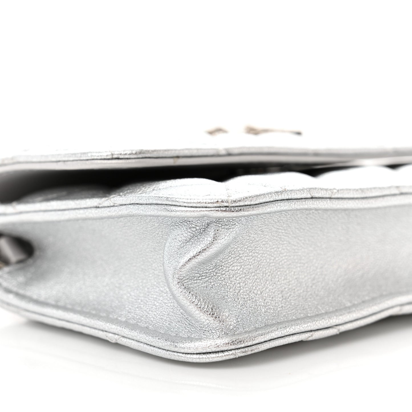 Metallic Goatskin Quilted Crystal CC Walk Of Fame Clutch With Chain Silver