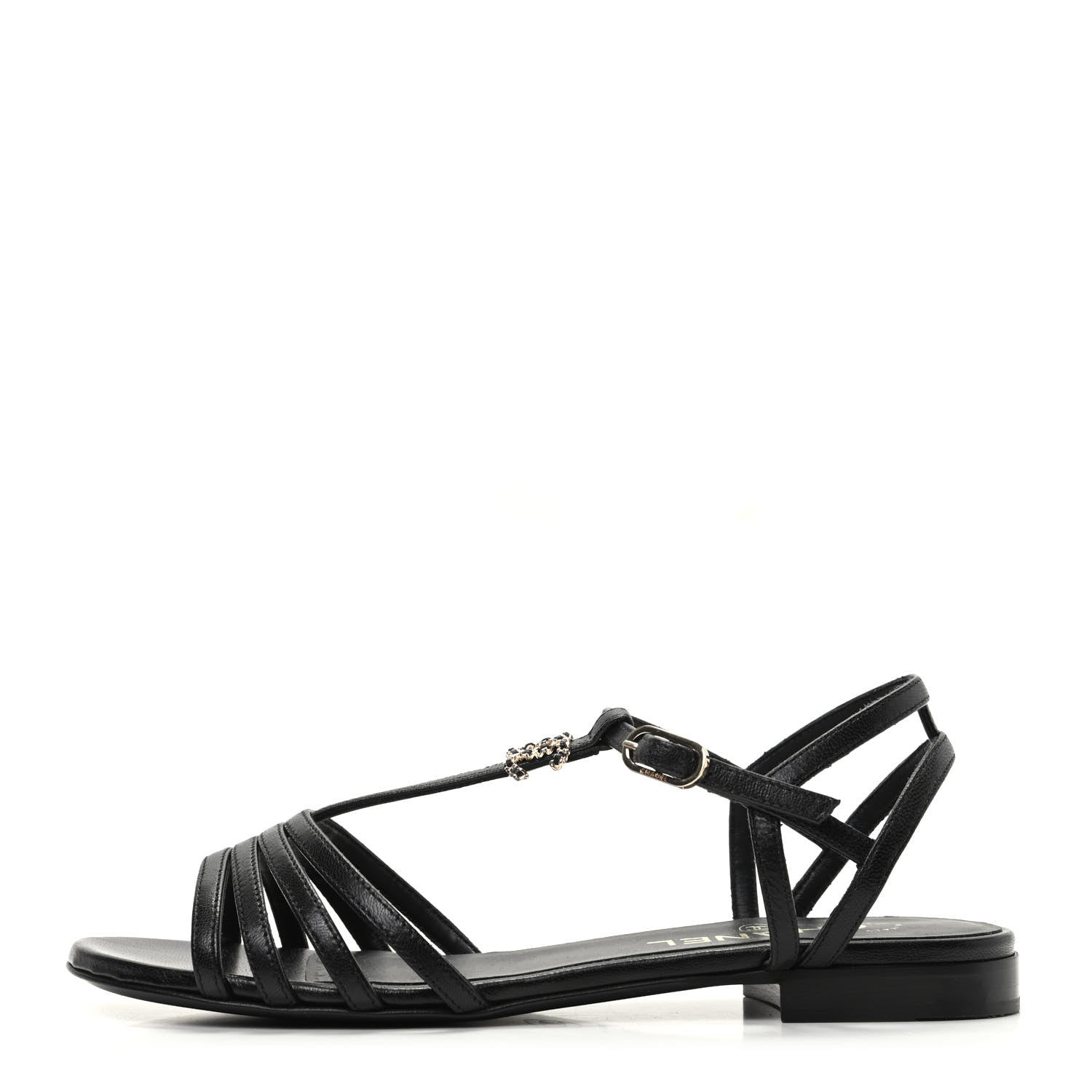 Chanel Calfskin CC Chain Sandals 37.5 Black 1 of 8