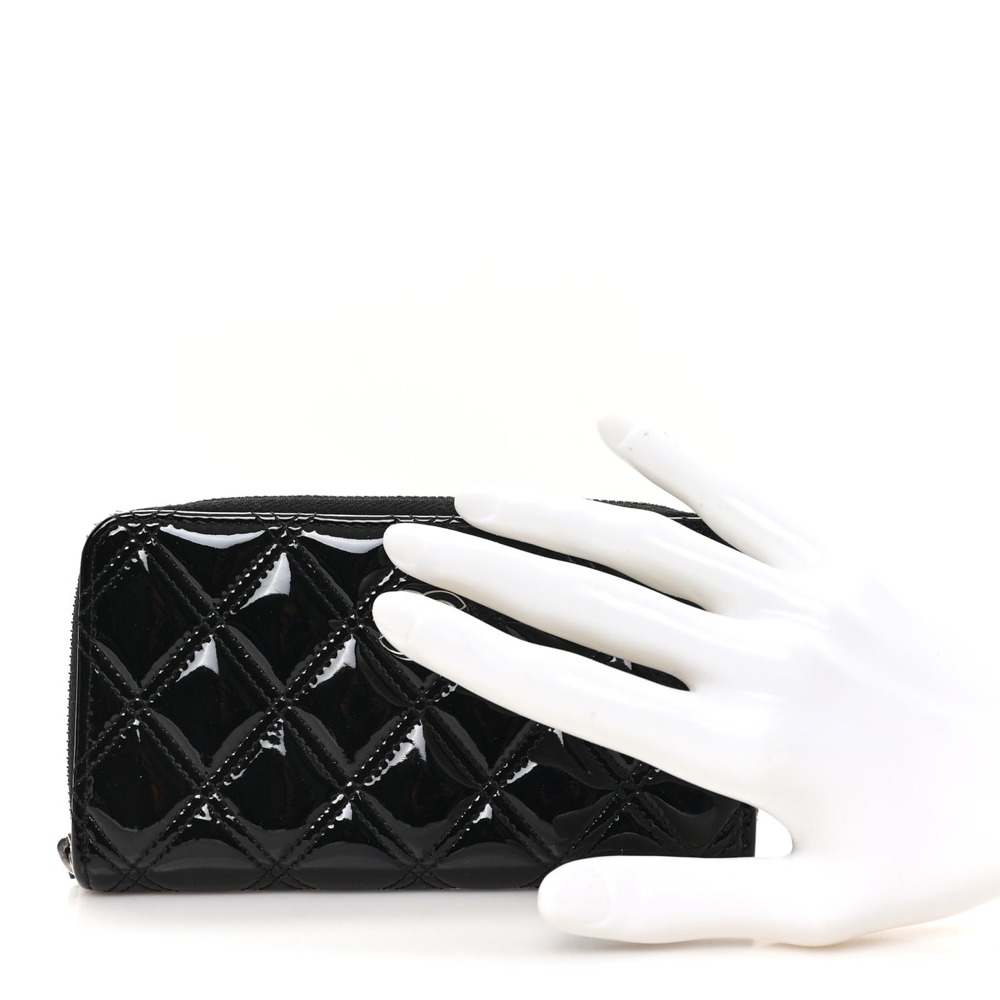 Patent Quilted Double Stitched Zip Around Wallet Black