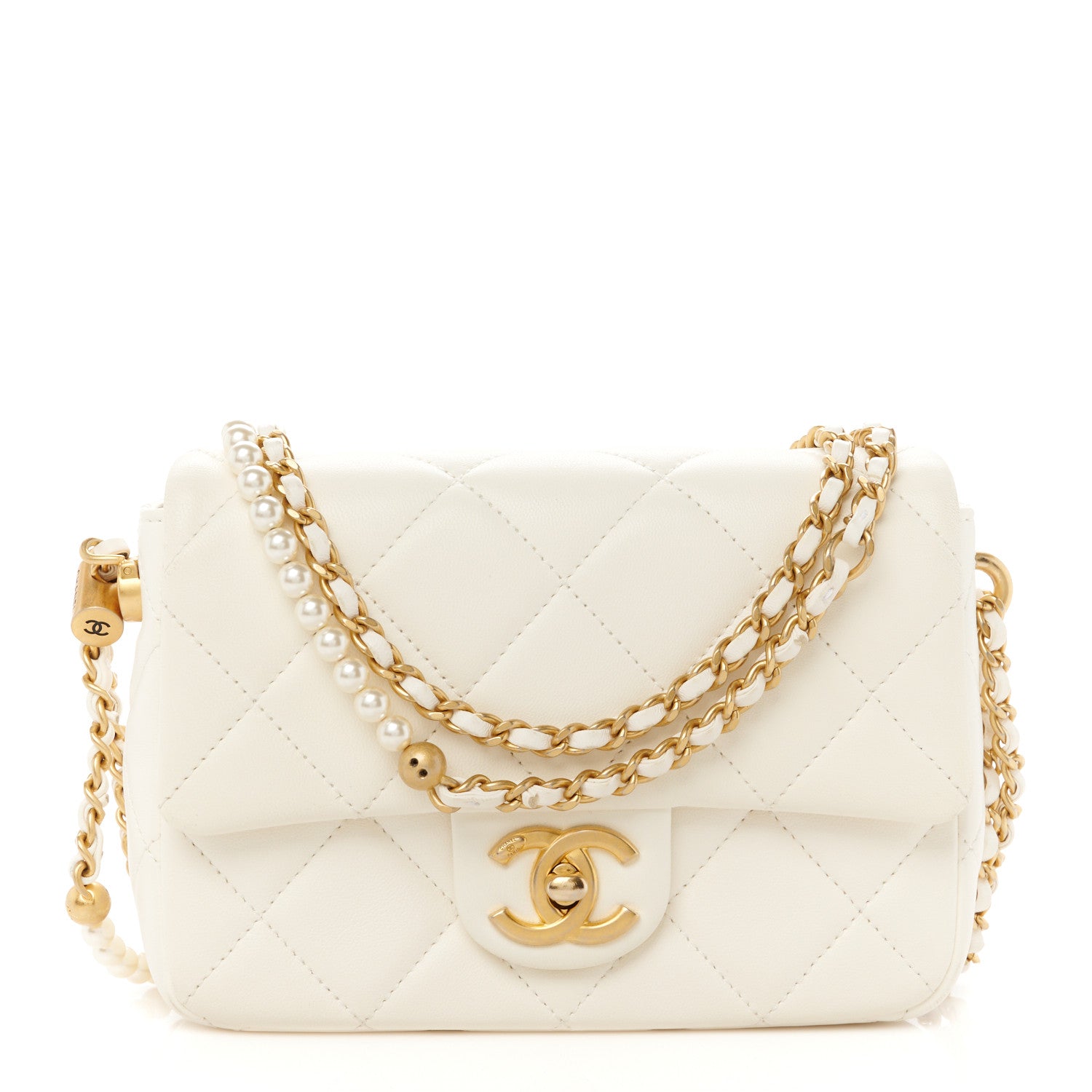 Chanel Shiny Lambskin Quilted Pearl Twist Mini Square Flap White 1 of 11