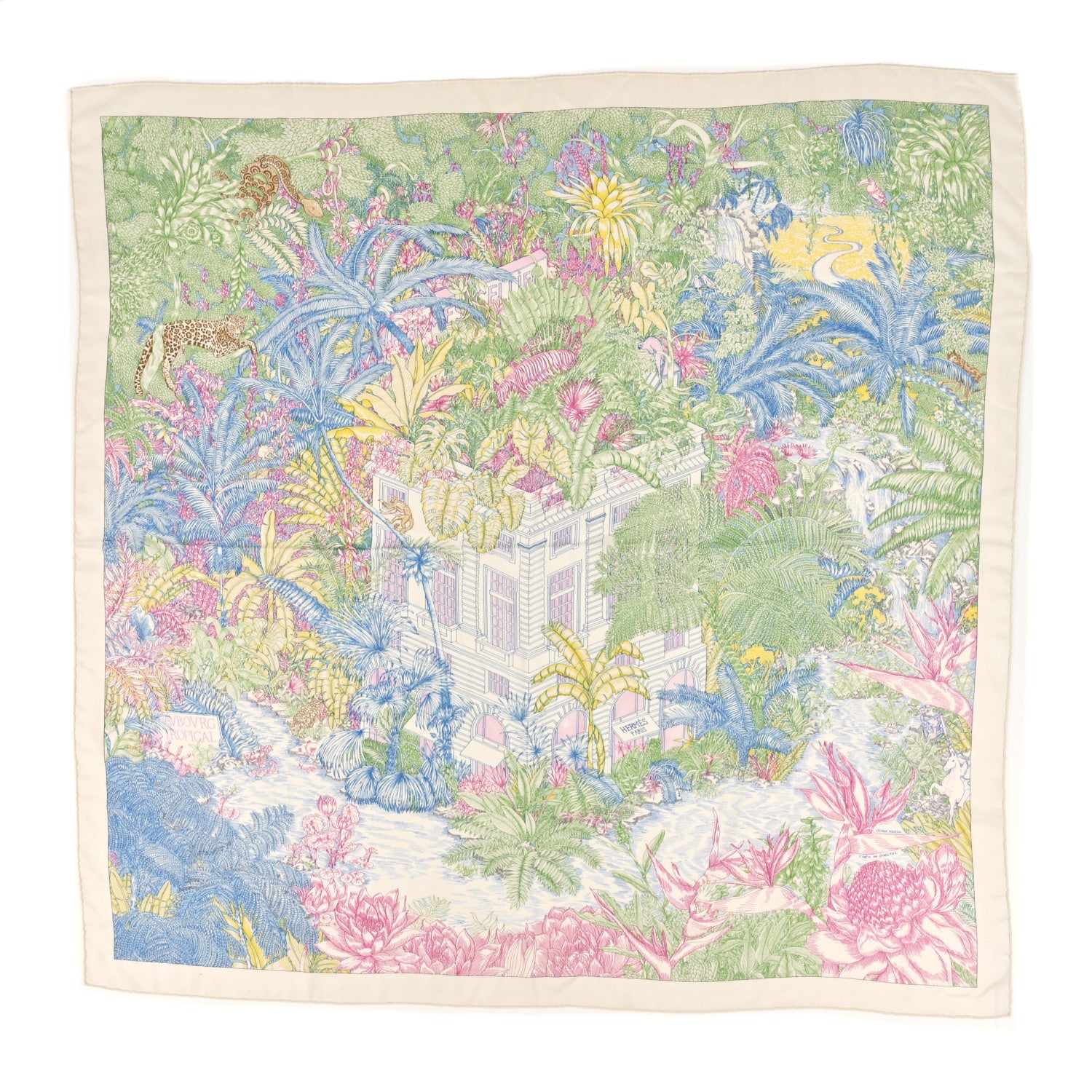 Hermes Cashmere Silk Faubourg Tropical Shawl 140 White Vert Bleu 1 of 4
