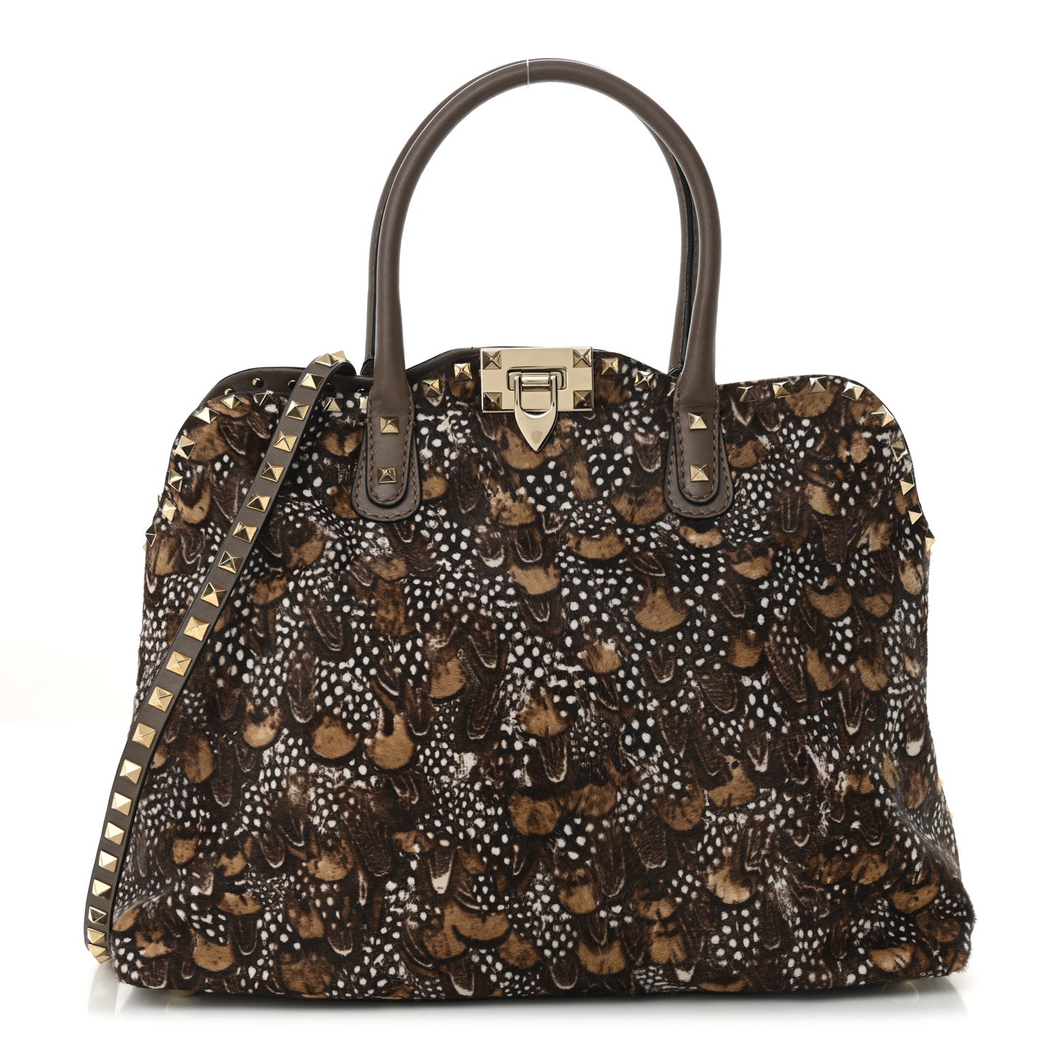 Valentino Garavani Calf Hair Feather Rockstud Dome Satchel Brown 1 of 9