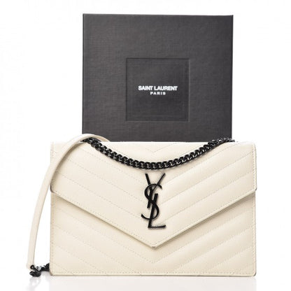 Saint Laurent Grain De Poudre Matelasse Chevron Monogram Envelope Chain Wallet Dove White 21 of 21
