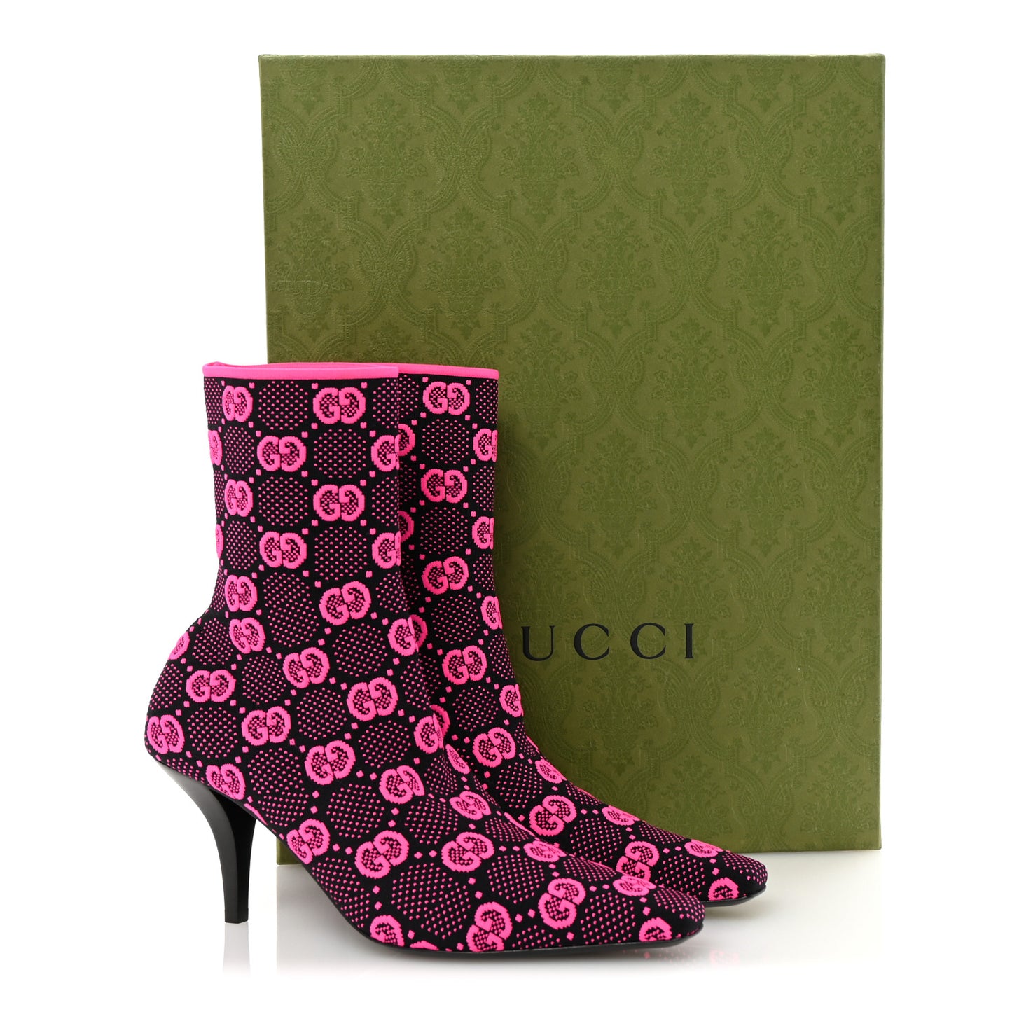 Technical Jersey Knit GG Monogram Square G 75mm Ankle Boots 38.5 Black Neon Fucsia