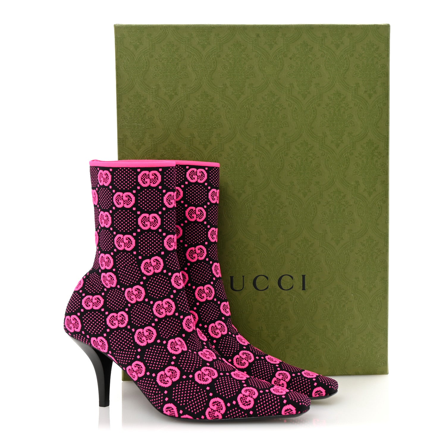 Gucci Technical Jersey Knit GG Monogram Square G 75mm Ankle Boots 38.5 Black Neon Fucsia 9 of 9