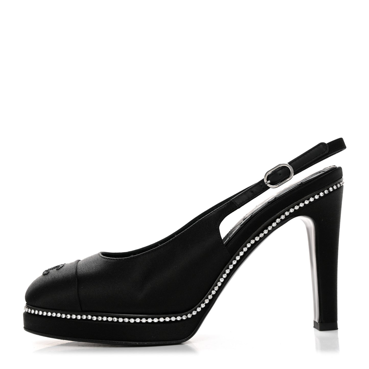 Silk Crystal Embellished Cap Toe CC Slingback Pumps 36.5 Black
