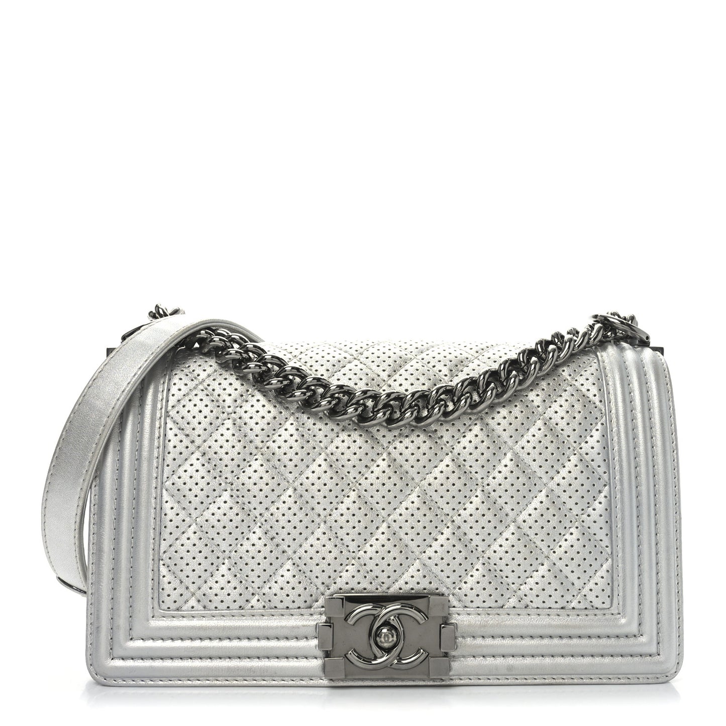 Metallic Lambskin Perforated Quilted Medium Boy Flap Argent