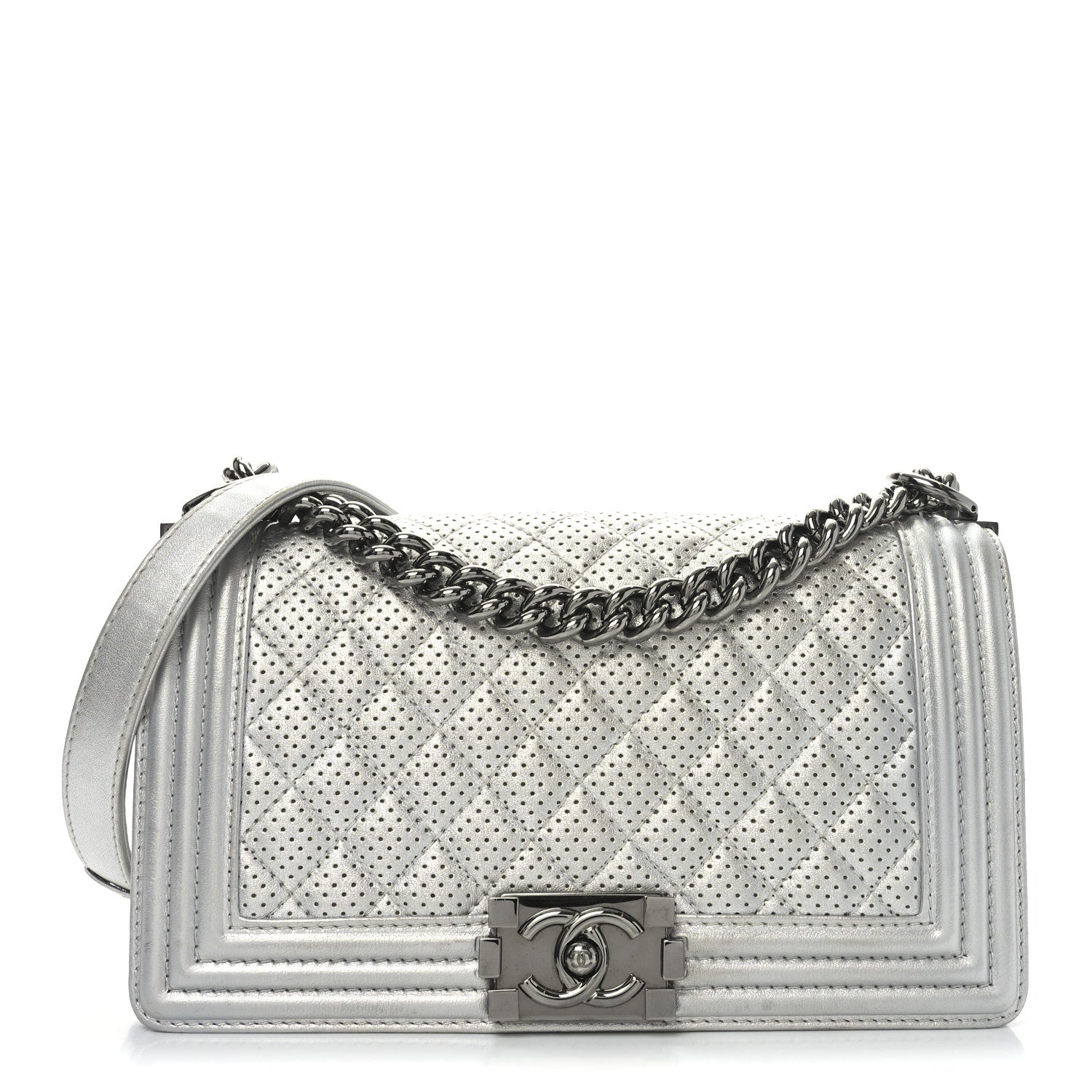 Chanel Metallic Lambskin Perforated Quilted Medium Boy Flap Argent 1 of 10